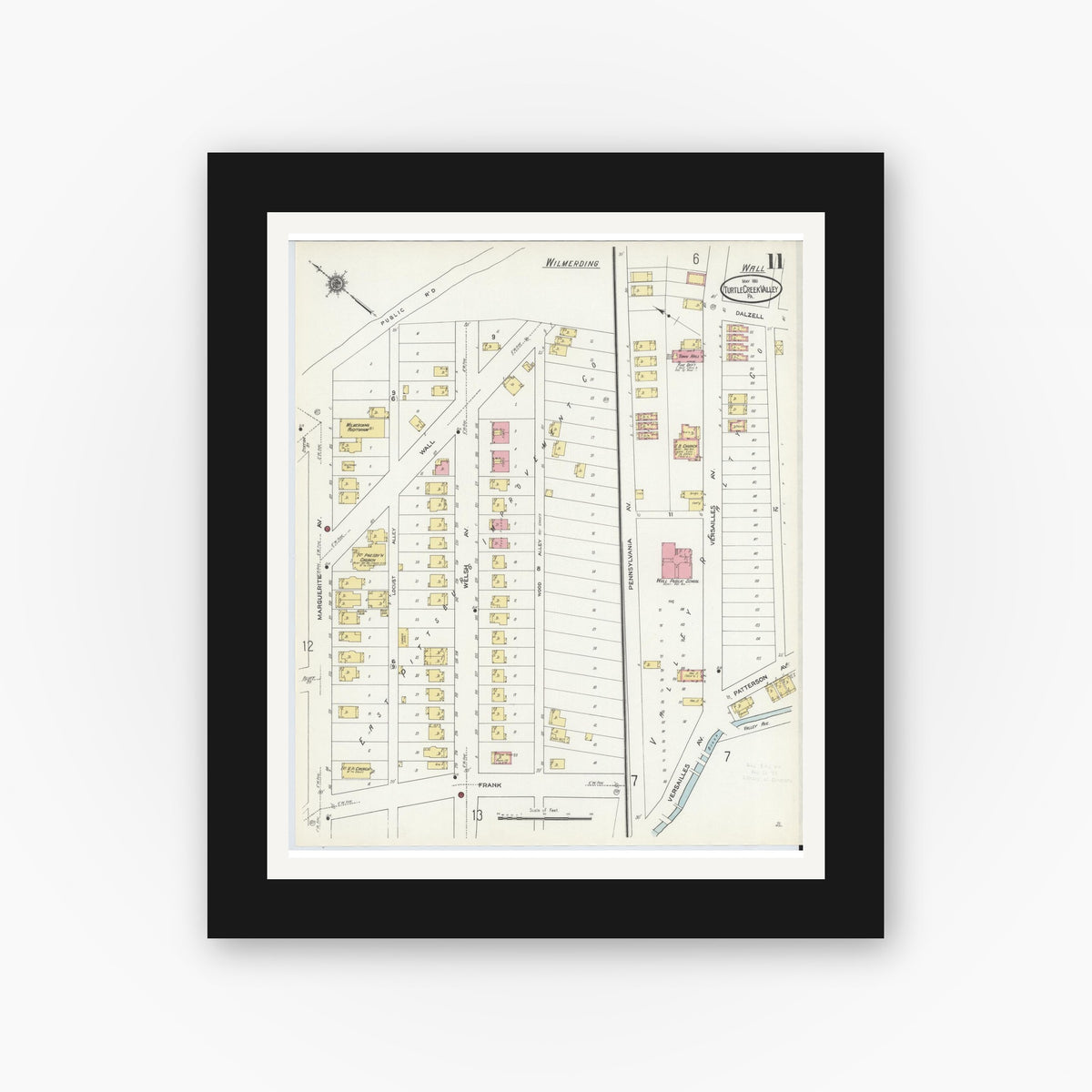 Old map wall art mockup — black gallery frame with white mat — Sanborn Fire Insurance Map from Turtle Creek Valley, Allegheny County, Pennsylvania (1911), Sheet #0011