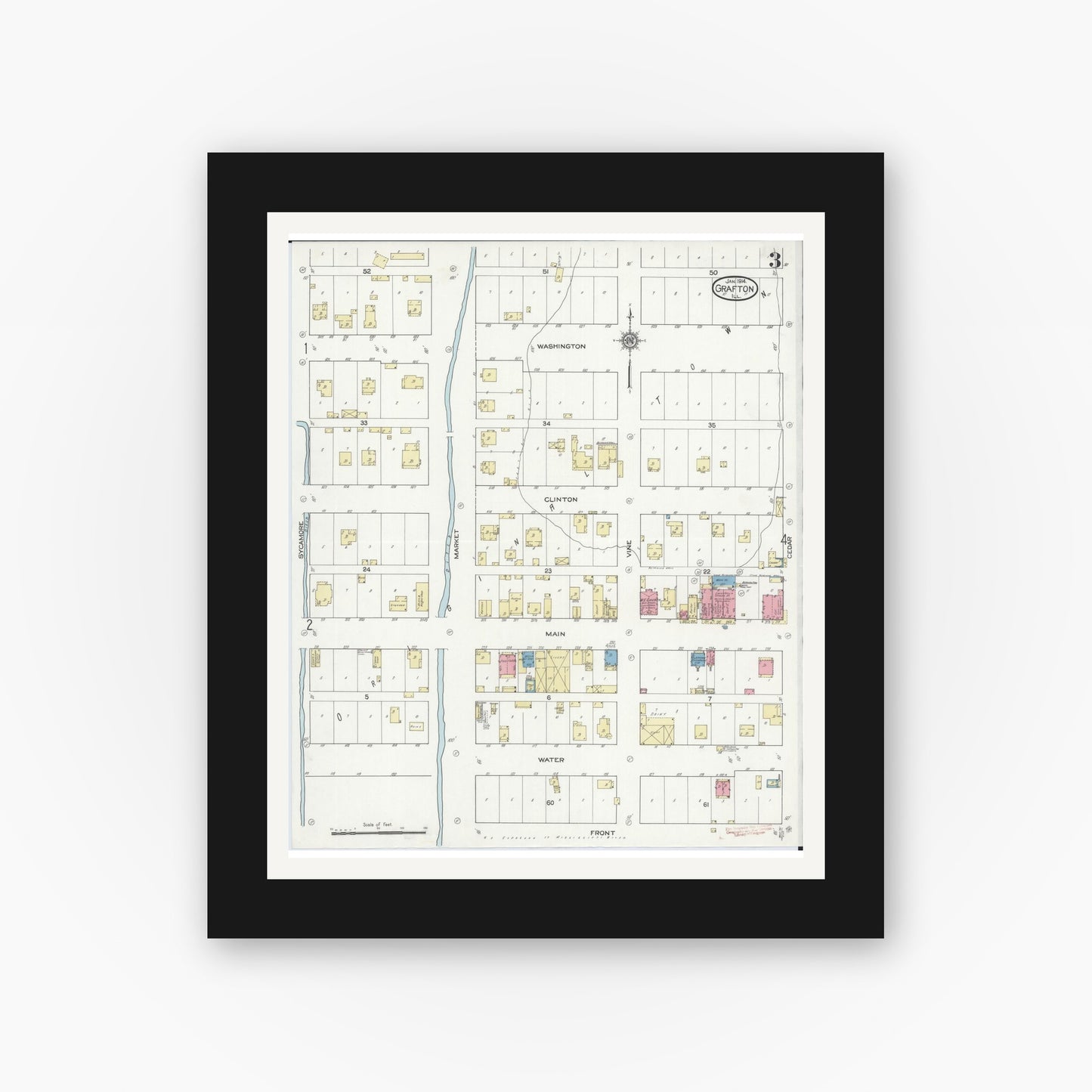 Old map wall art mockup — black gallery frame with white mat — Sanborn Fire Insurance Map from Grafton, Jersey County, Illinois (1914), Sheet #0003