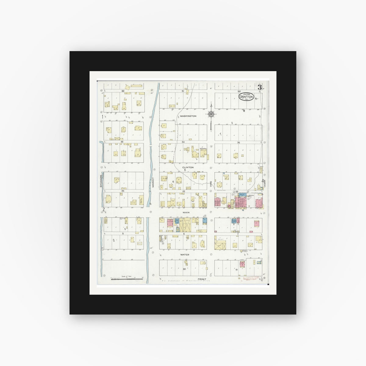 Old map wall art mockup — black gallery frame with white mat — Sanborn Fire Insurance Map from Grafton, Jersey County, Illinois (1914), Sheet #0003