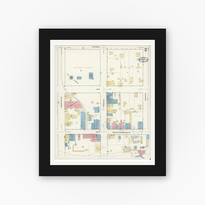 Old map wall art mockup — black gallery frame with white mat — Sanborn Fire Insurance Map from Kerrville, Kerr County, Texas (1916), Sheet #0002