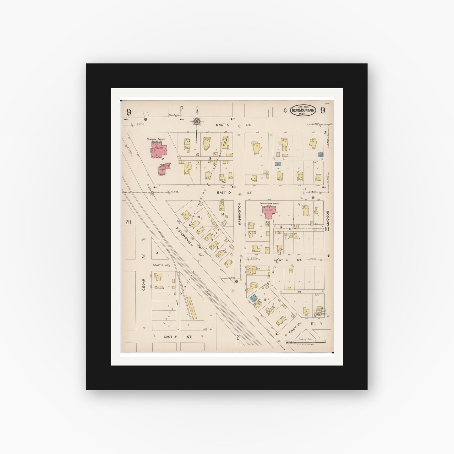 Old map wall art mockup — black gallery frame with white mat — Sanborn Fire Insurance Map from Iron Mountain, Dickinson County, Michigan (1923), Sheet #0009