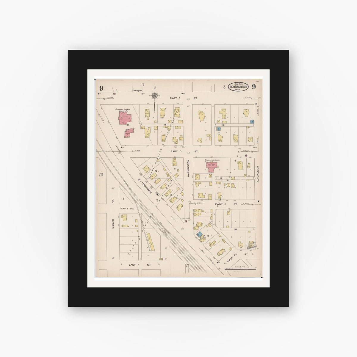 Old map wall art mockup — black gallery frame with white mat — Sanborn Fire Insurance Map from Iron Mountain, Dickinson County, Michigan (1923), Sheet #0009