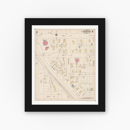 Old map wall art mockup — black gallery frame with white mat — Sanborn Fire Insurance Map from Iron Mountain, Dickinson County, Michigan (1923), Sheet #0009