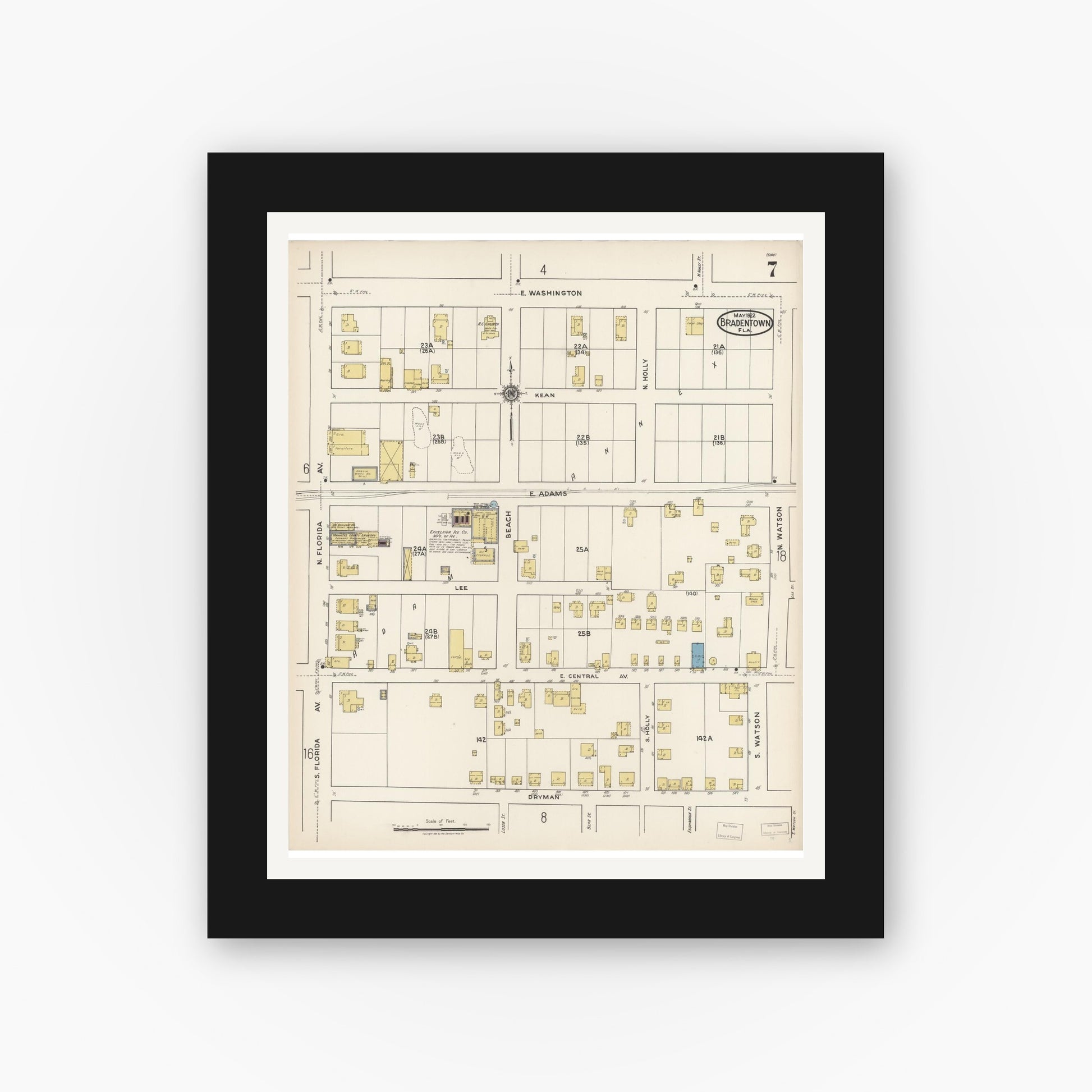 Old map wall art mockup — black gallery frame with white mat — Sanborn Fire Insurance Map from Bradentown, Manatee County, Florida (1922), Sheet #0007
