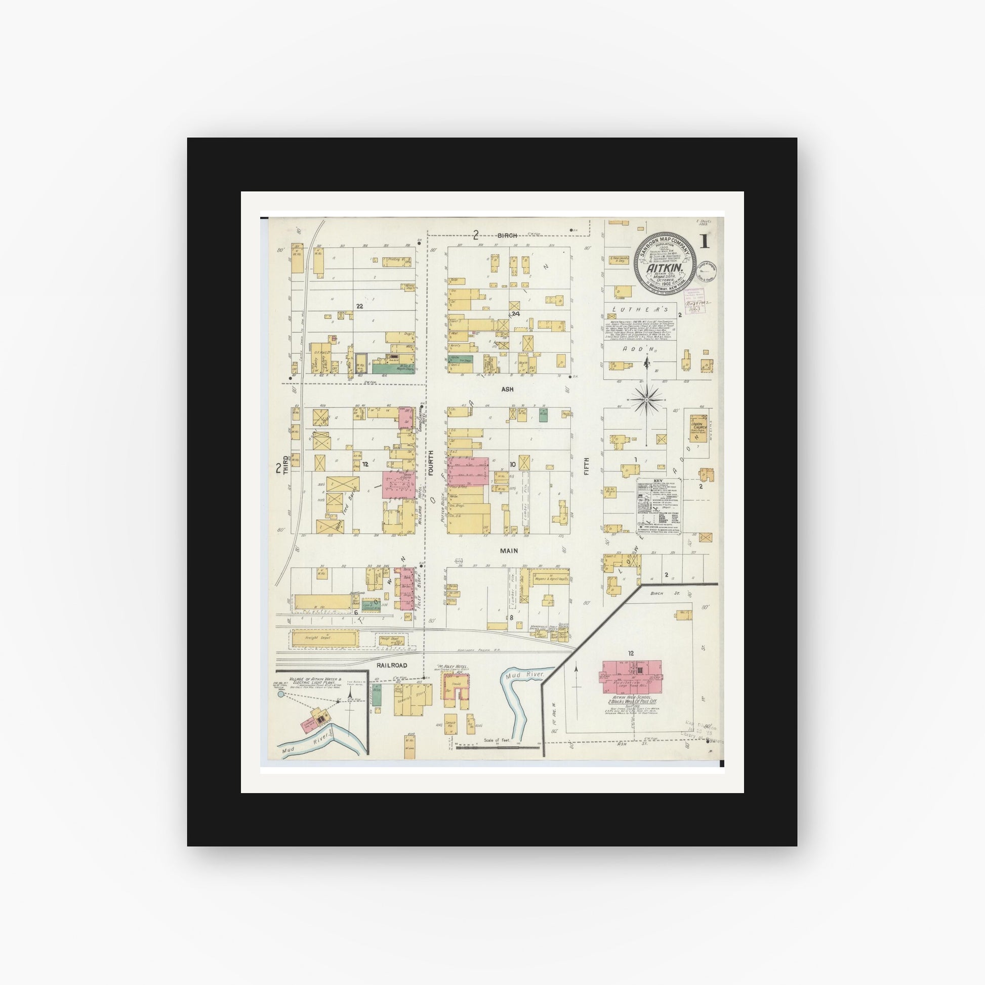 Old map wall art mockup — black gallery frame with white mat — Sanborn Fire Insurance Map from Aitkin, Aitkin County, Minnesota (1902), Sheet #0001