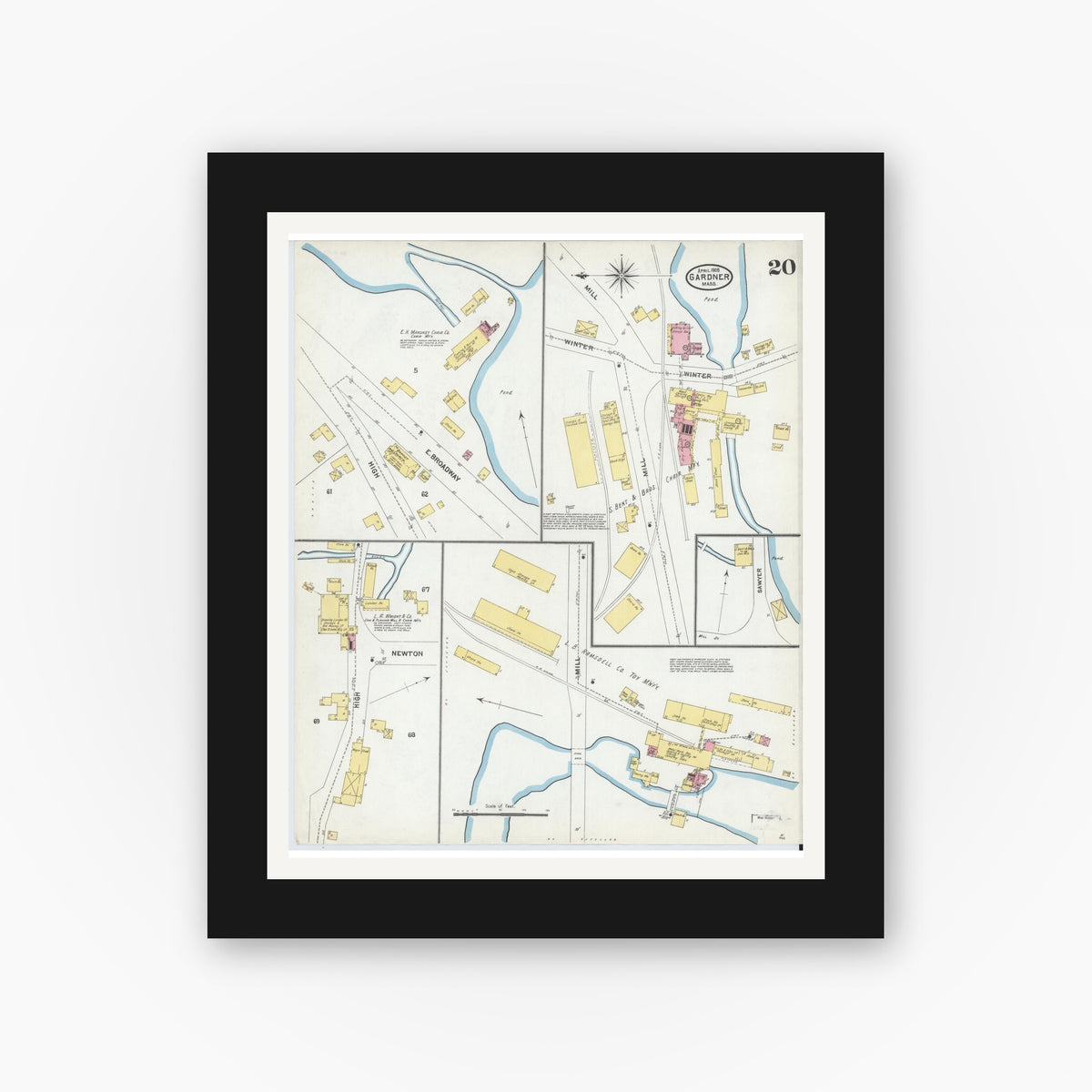 Old map wall art mockup — black gallery frame with white mat — Sanborn Fire Insurance Map from Gardner, Worcester County, Massachusetts (1905), Sheet #0020