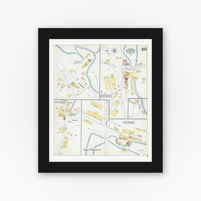 Old map wall art mockup — black gallery frame with white mat — Sanborn Fire Insurance Map from Gardner, Worcester County, Massachusetts (1905), Sheet #0020