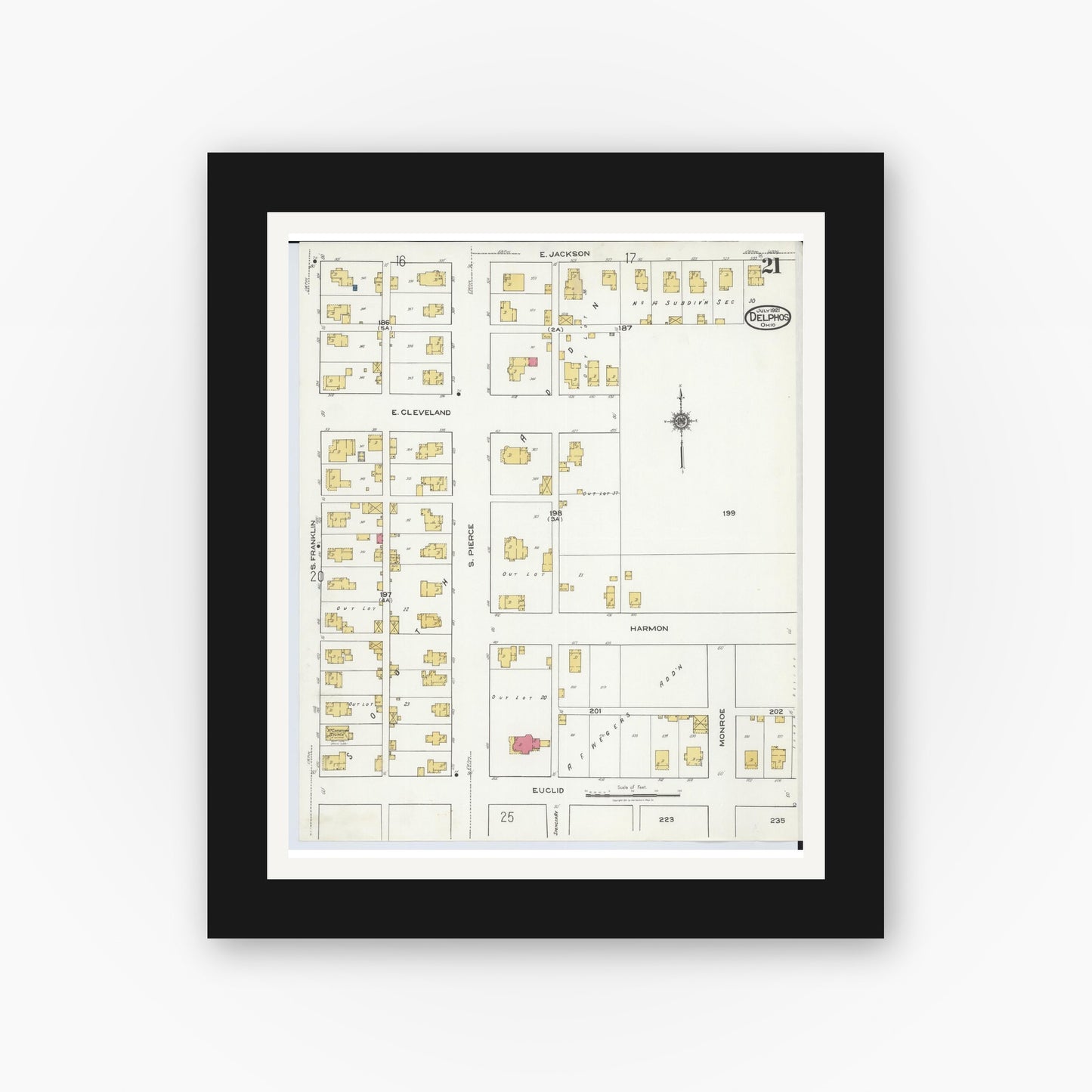 Old map wall art mockup — black gallery frame with white mat — Sanborn Fire Insurance Map from Delphos, Van Wert And Allen Counties, Ohio (1921), Sheet #0021
