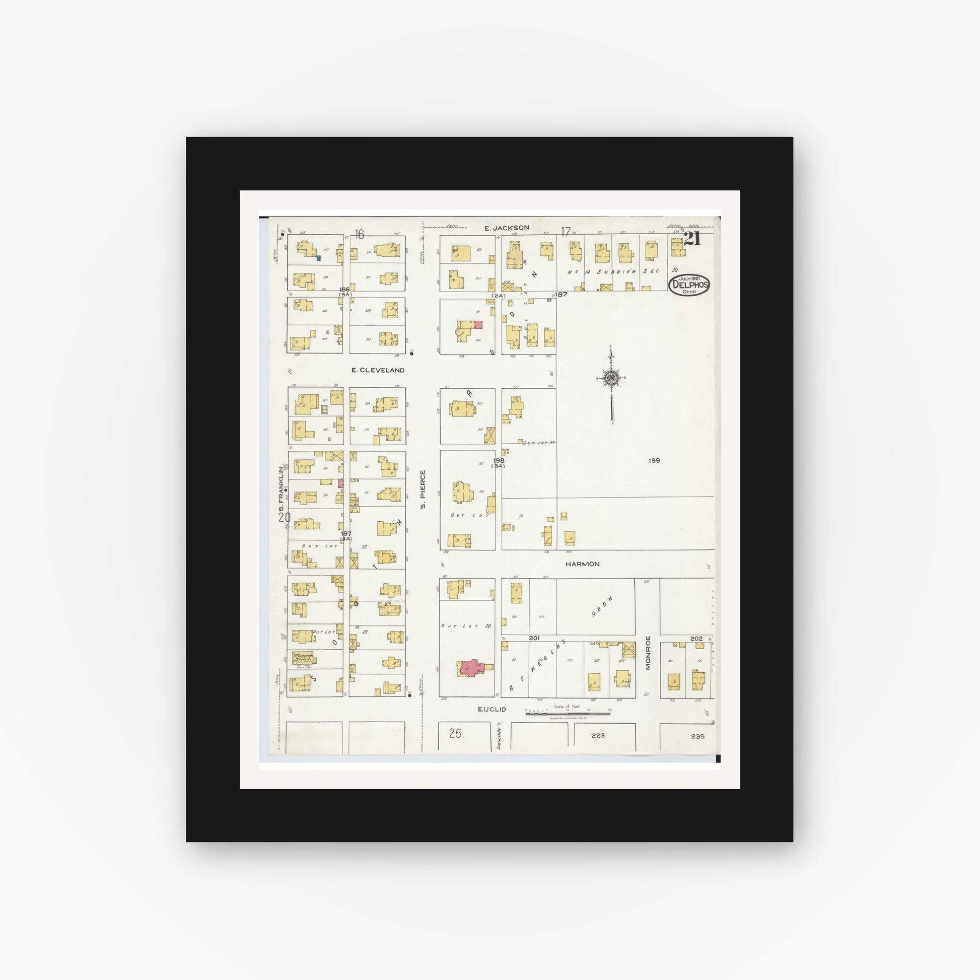 Old map wall art mockup — black gallery frame with white mat — Sanborn Fire Insurance Map from Delphos, Van Wert And Allen Counties, Ohio (1921), Sheet #0021