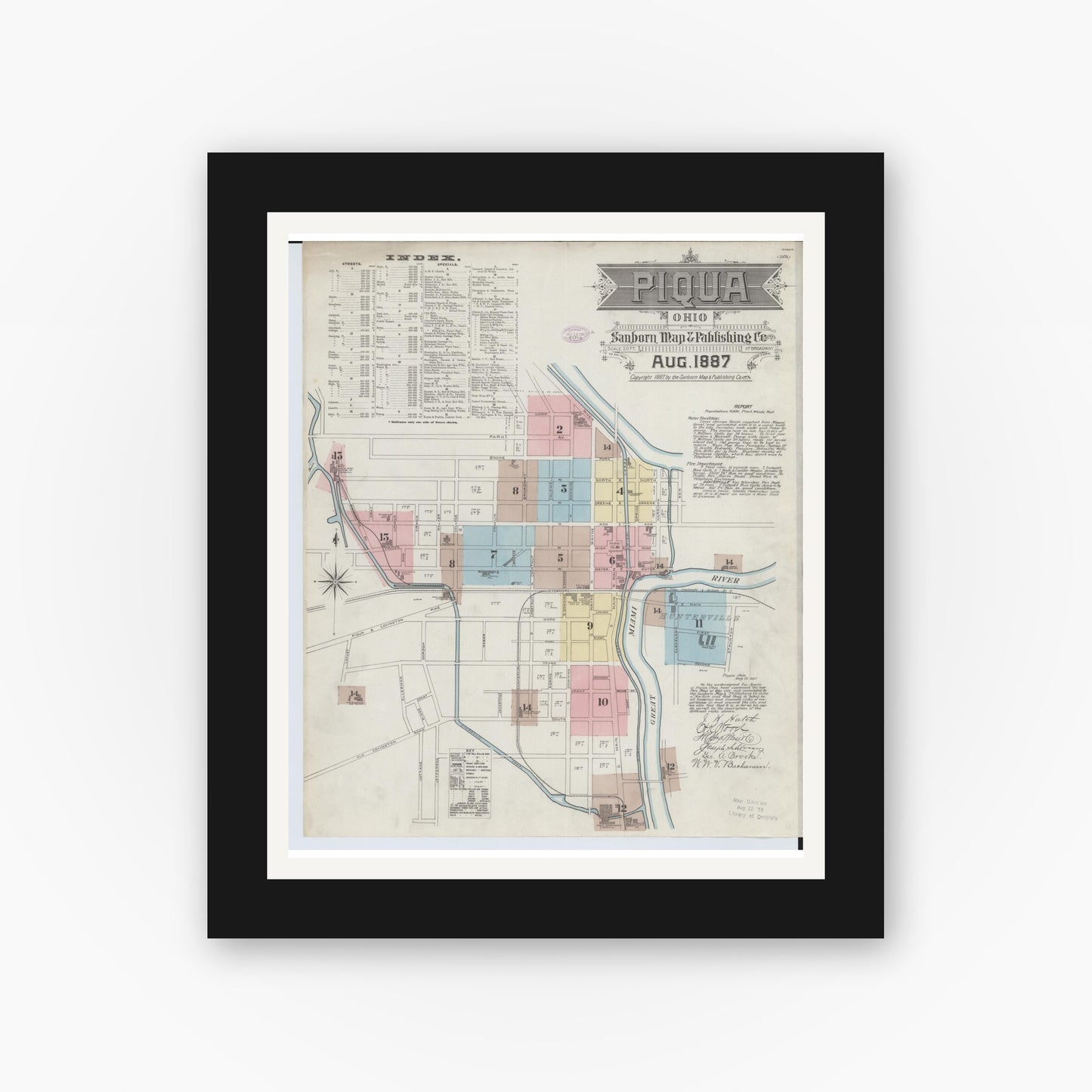 Old map wall art mockup — black gallery frame with white mat — Sanborn Fire Insurance Map from Piqua, Miami County, Ohio (1887) - Complete Map Set