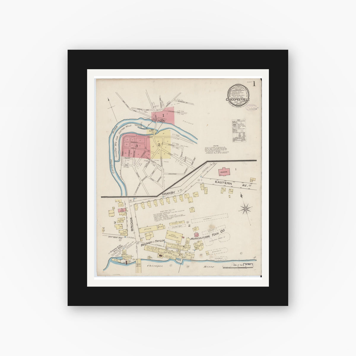 Old map wall art mockup — black gallery frame with white mat — Sanborn Fire Insurance Map from Chicopee Falls, Hampden County, Massachusetts (1885) - Complete Map Set
