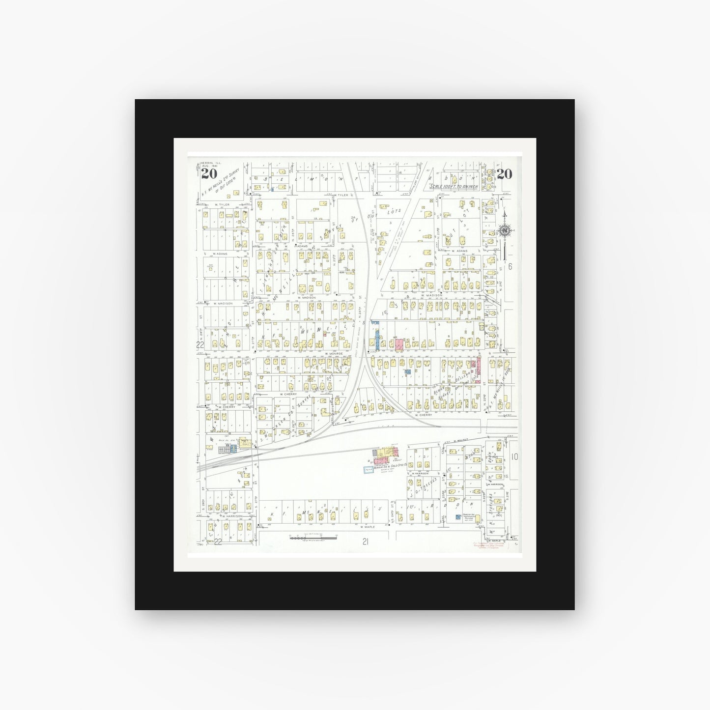 Old map wall art mockup — black gallery frame with white mat — Sanborn Fire Insurance Map from Herrin, Williamson County, Illinois (1941), Sheet #0020