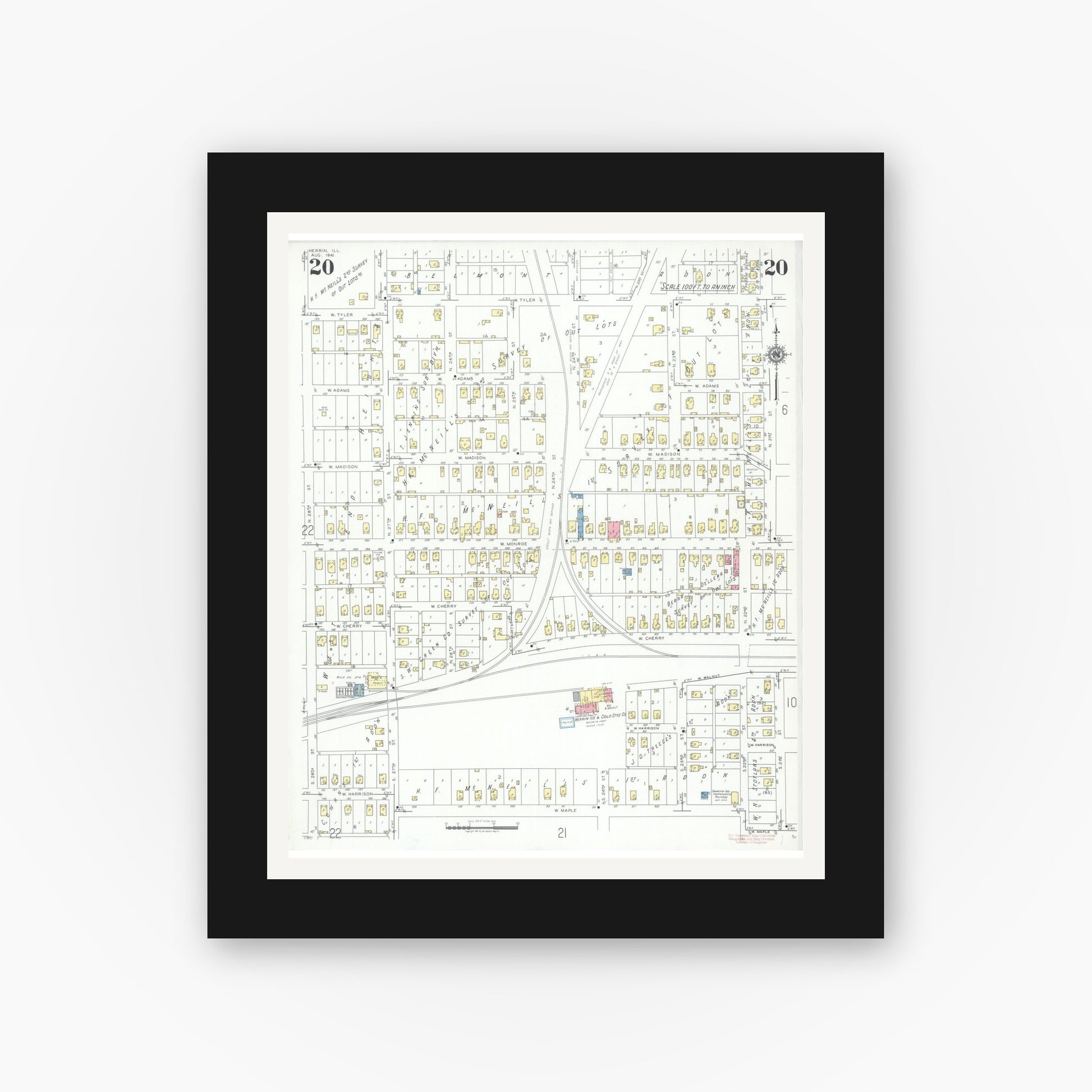Old map wall art mockup — black gallery frame with white mat — Sanborn Fire Insurance Map from Herrin, Williamson County, Illinois (1941), Sheet #0020