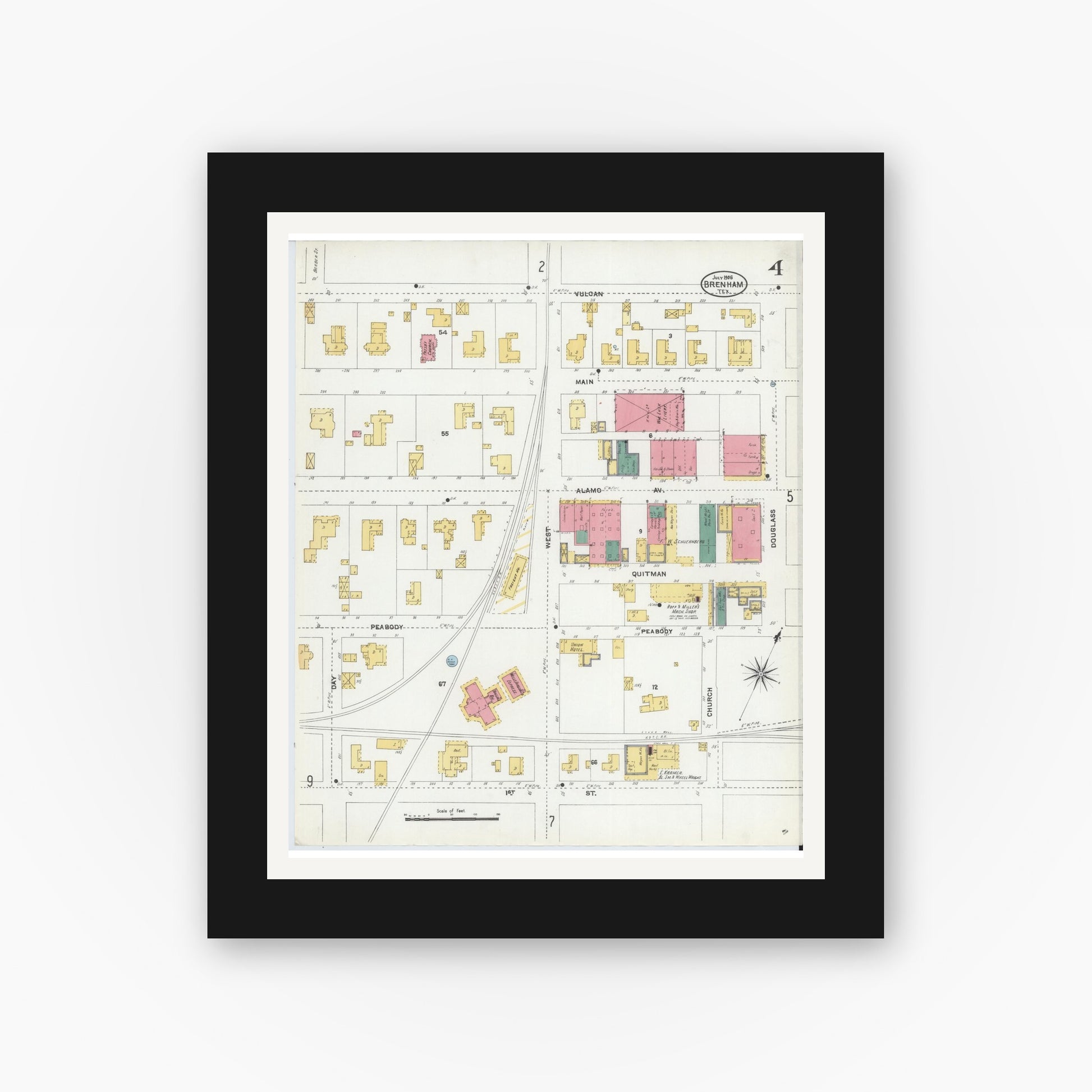 Old map wall art mockup — black gallery frame with white mat — Sanborn Fire Insurance Map from Brenham, Washington County, Texas (1906), Sheet #0004