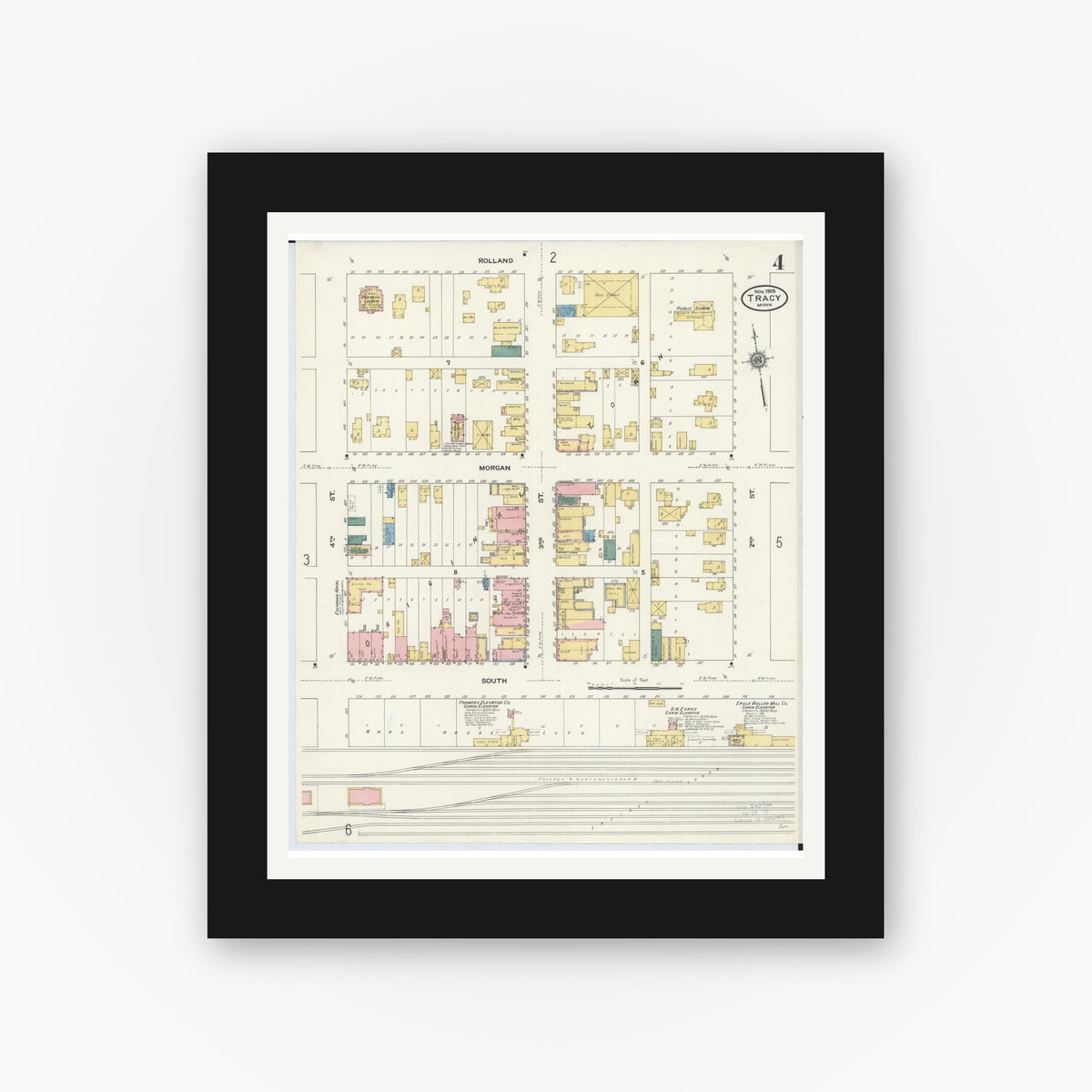 Old map wall art mockup — black gallery frame with white mat — Sanborn Fire Insurance Map from Tracy, Lyon County, Minnesota (1909), Sheet #0004