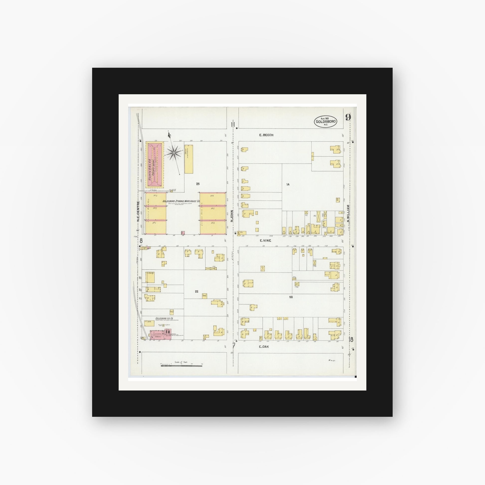 Old map wall art mockup — black gallery frame with white mat — Sanborn Fire Insurance Map from Goldsboro, Wayne County, North Carolina (1901), Sheet #0009