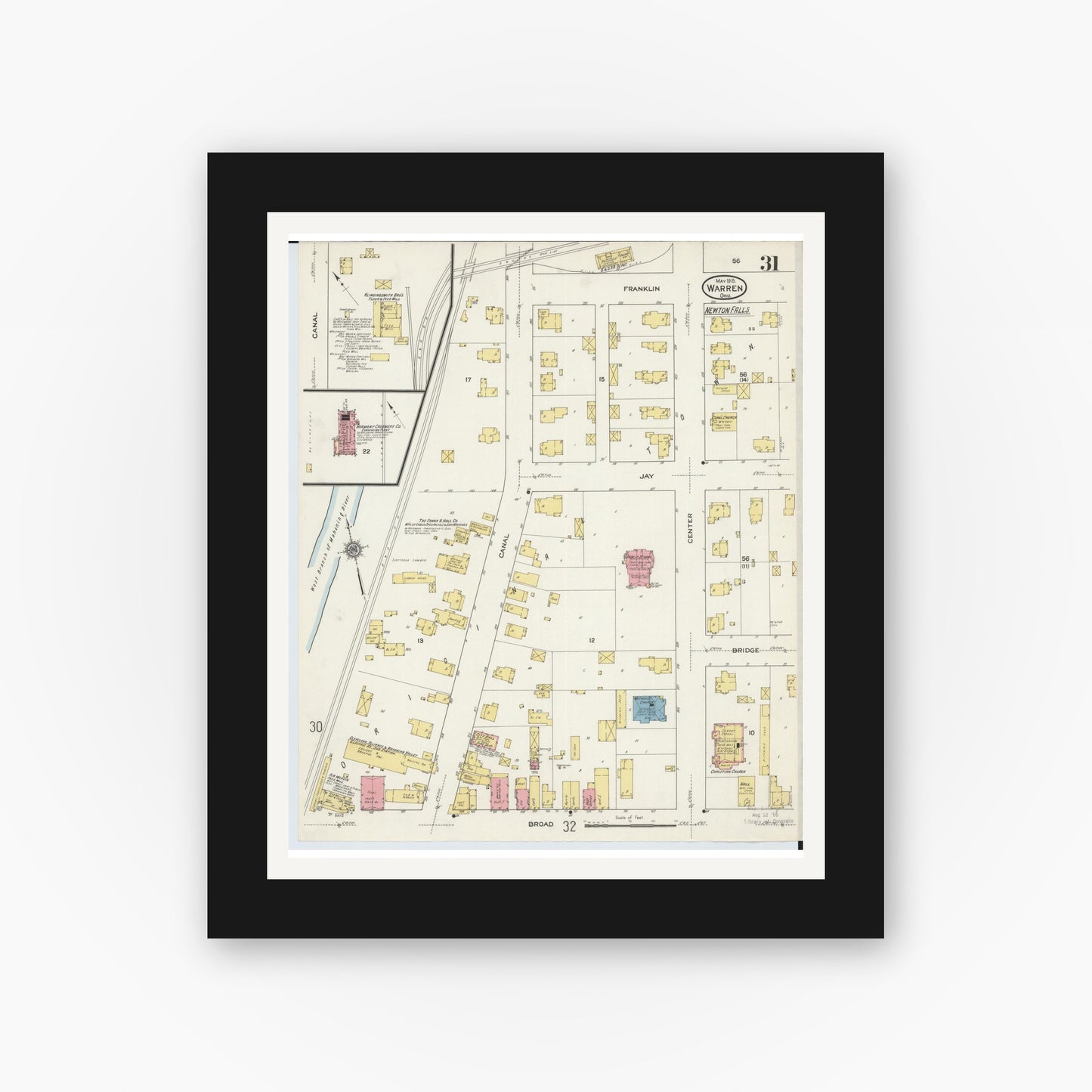 Old map wall art mockup — black gallery frame with white mat — Sanborn Fire Insurance Map from Warren, Trumbull County, Ohio (1915), Sheet #0031