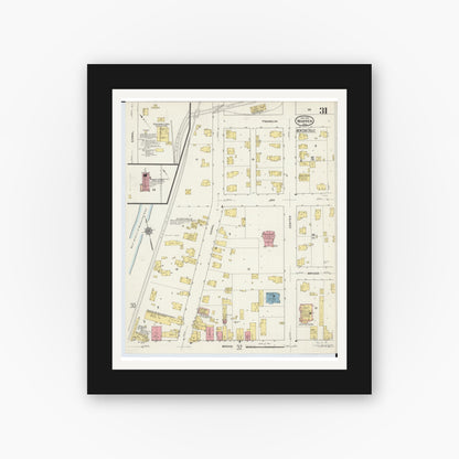 Old map wall art mockup — black gallery frame with white mat — Sanborn Fire Insurance Map from Warren, Trumbull County, Ohio (1915), Sheet #0031
