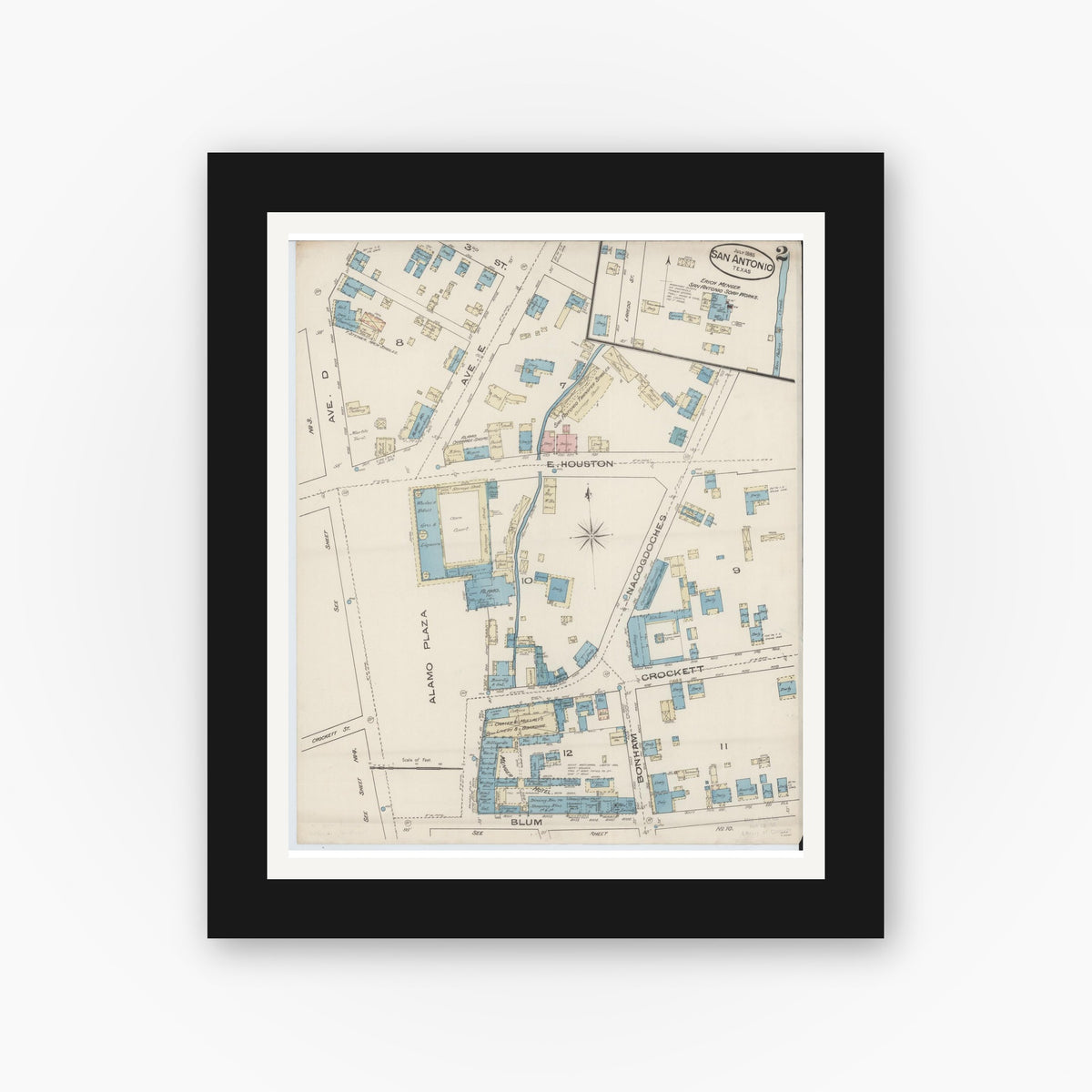 Old map wall art mockup — black gallery frame with white mat — Sanborn Fire Insurance Map from San Antonio, Bexar County, Texas (1885), Sheet #0002