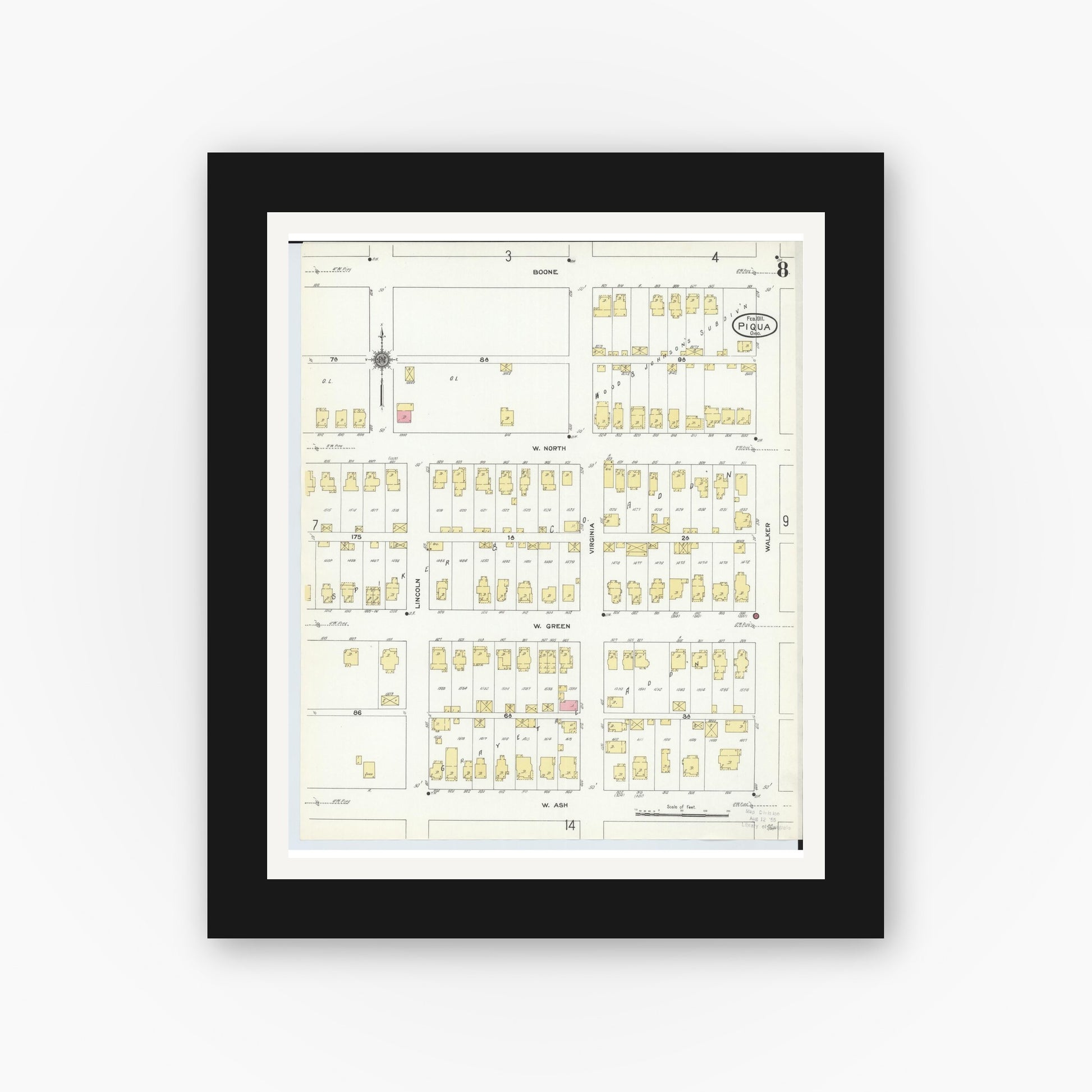 Old map wall art mockup — black gallery frame with white mat — Sanborn Fire Insurance Map from Piqua, Miami County, Ohio (1911), Sheet #0008