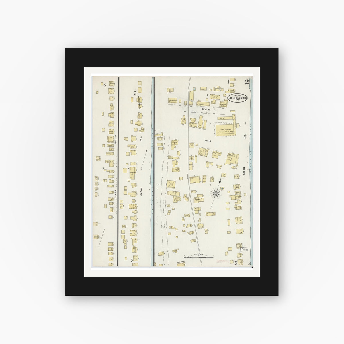 Old map wall art mockup — black gallery frame with white mat — Sanborn Fire Insurance Map from Salisbury, Essex County, Massachusetts (1898), Sheet #0002