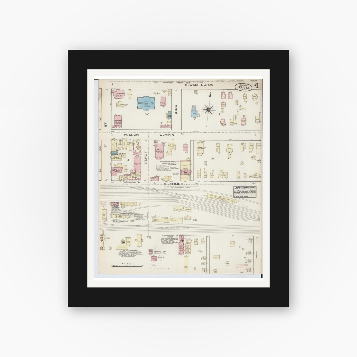 Old map wall art mockup — black gallery frame with white mat — Sanborn Fire Insurance Map from Ionia, Ionia County, Michigan (1884), Sheet #0004