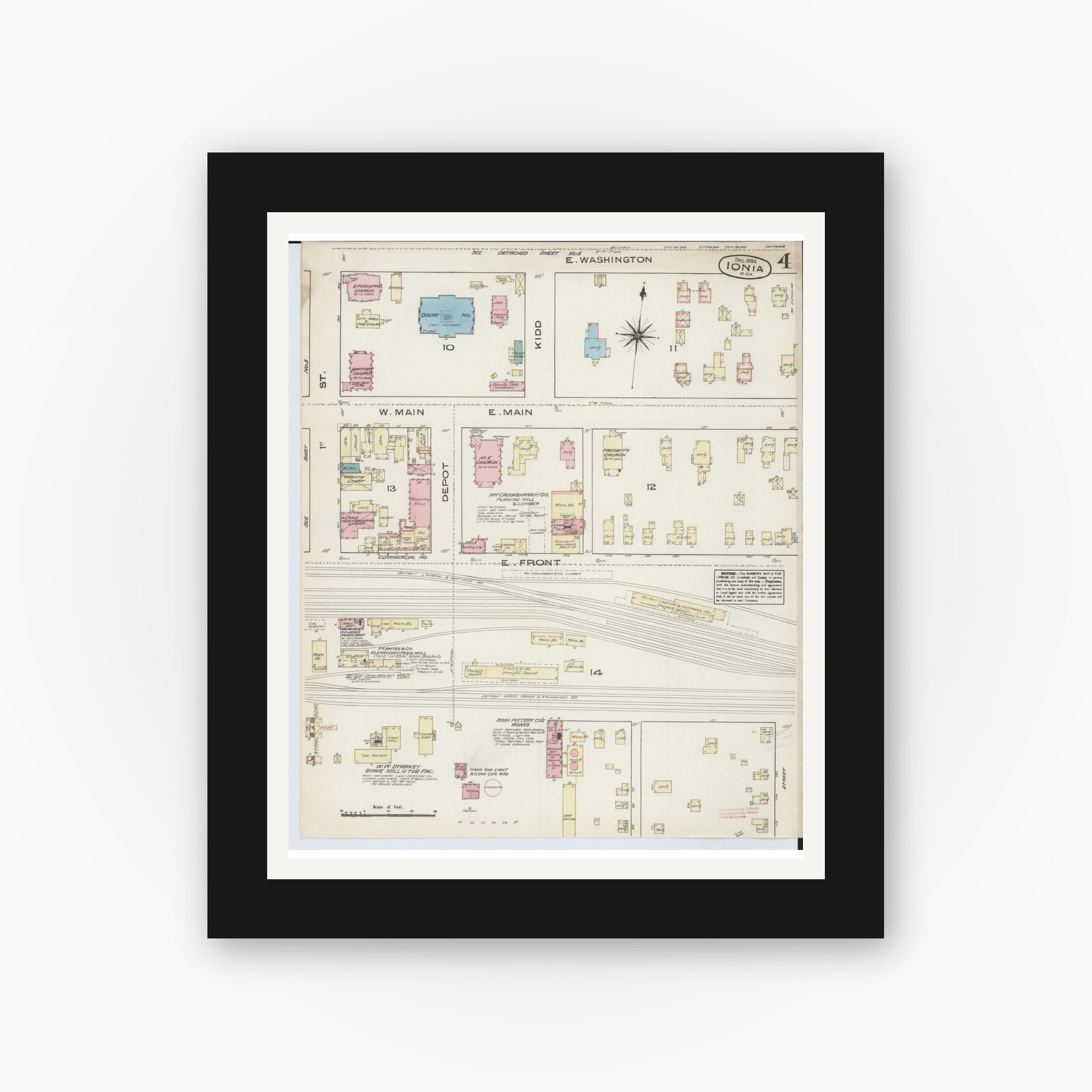 Old map wall art mockup — black gallery frame with white mat — Sanborn Fire Insurance Map from Ionia, Ionia County, Michigan (1884), Sheet #0004