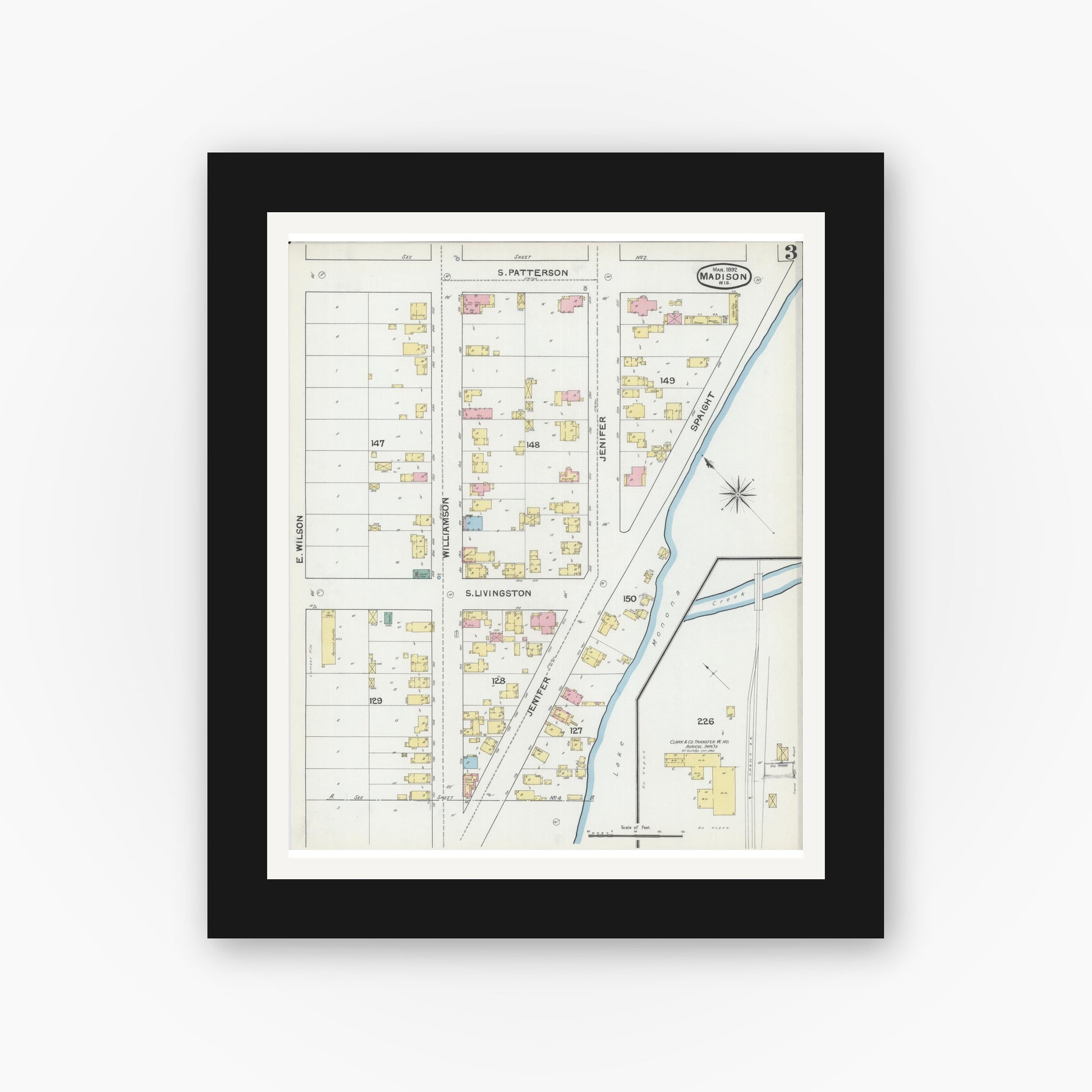 Old map wall art mockup — black gallery frame with white mat — Sanborn Fire Insurance Map from Madison, Dane County, Wisconsin (1892), Sheet #0003