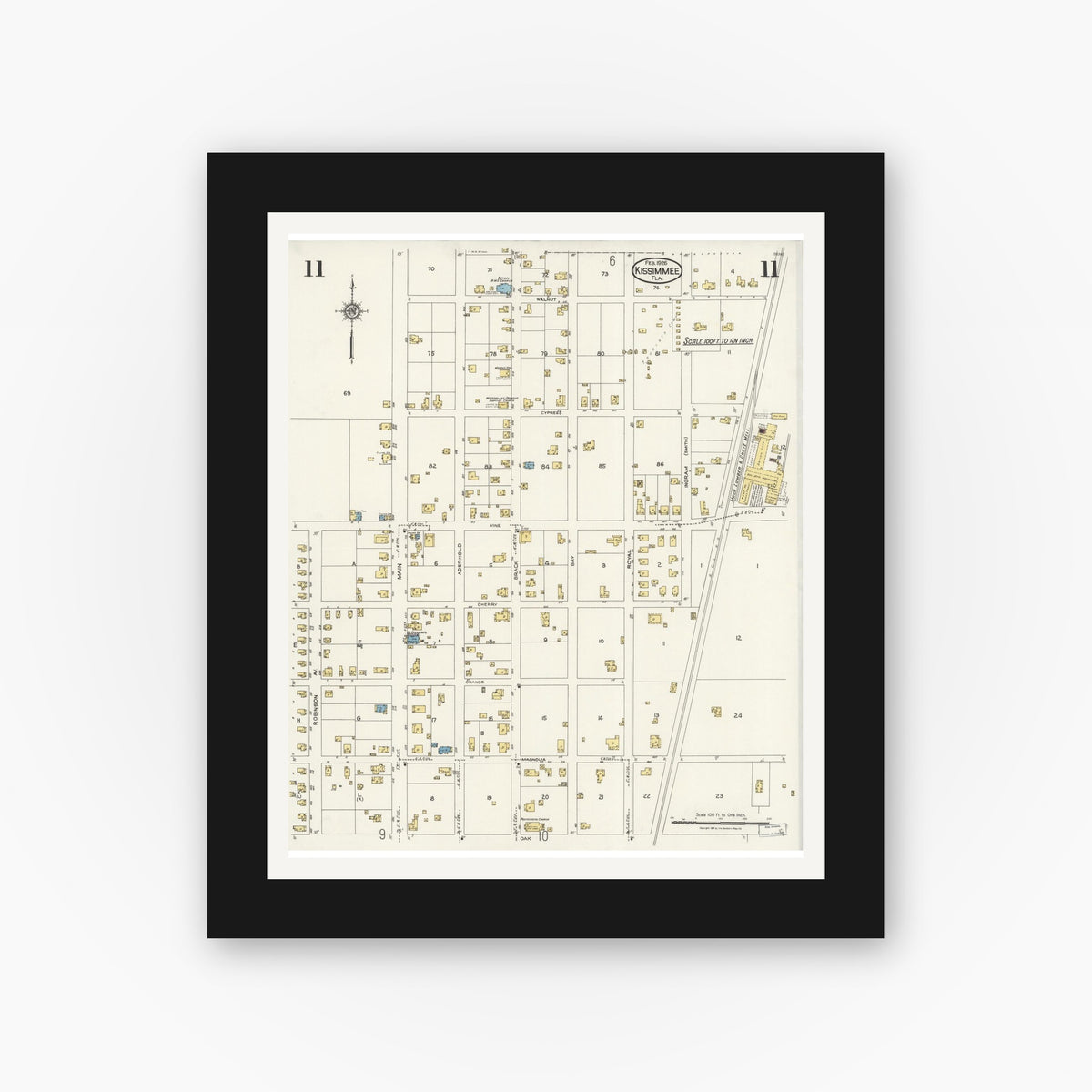 Old map wall art mockup — black gallery frame with white mat — Sanborn Fire Insurance Map from Kissimmee, Osceola County, Florida (1926), Sheet #0011