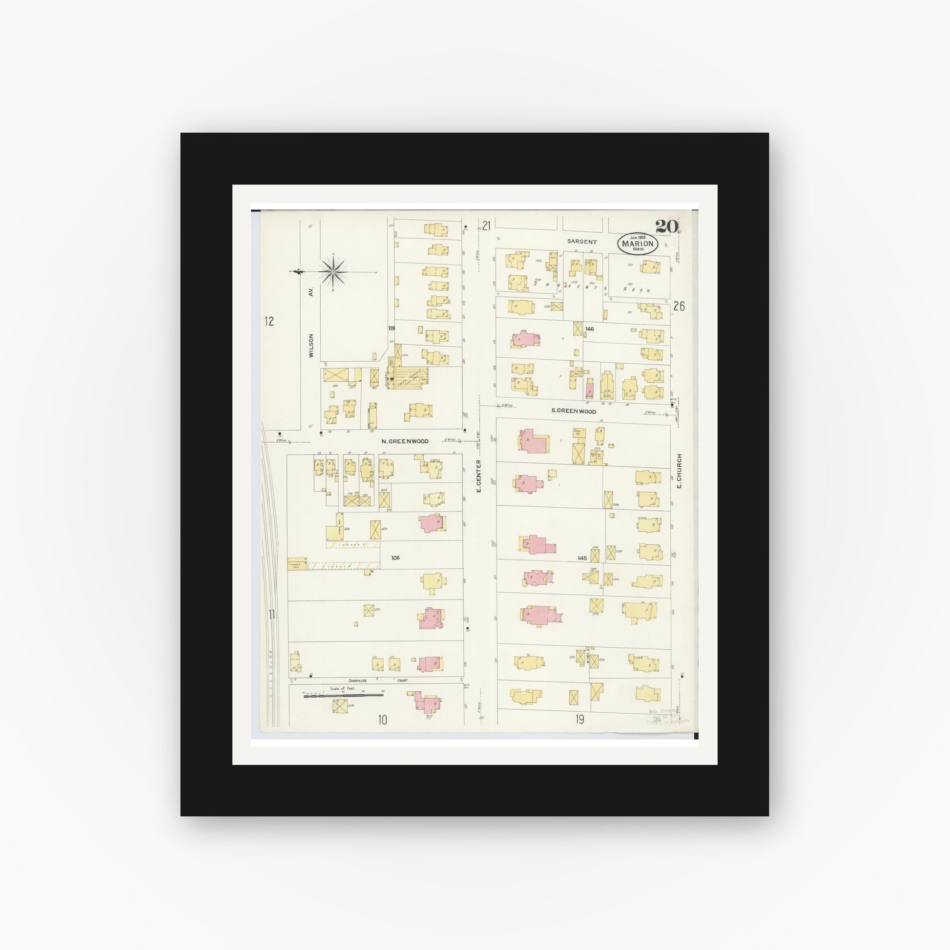 Old map wall art mockup — black gallery frame with white mat — Sanborn Fire Insurance Map from Marion, Marion County, Ohio (1908), Sheet #0020
