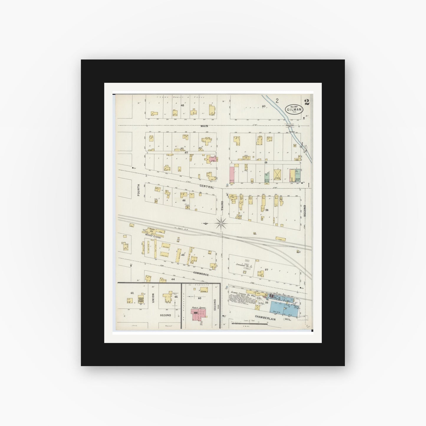 Old map wall art mockup — black gallery frame with white mat — Sanborn Fire Insurance Map from Gilman, Iroquois County, Illinois (1897), Sheet #0002