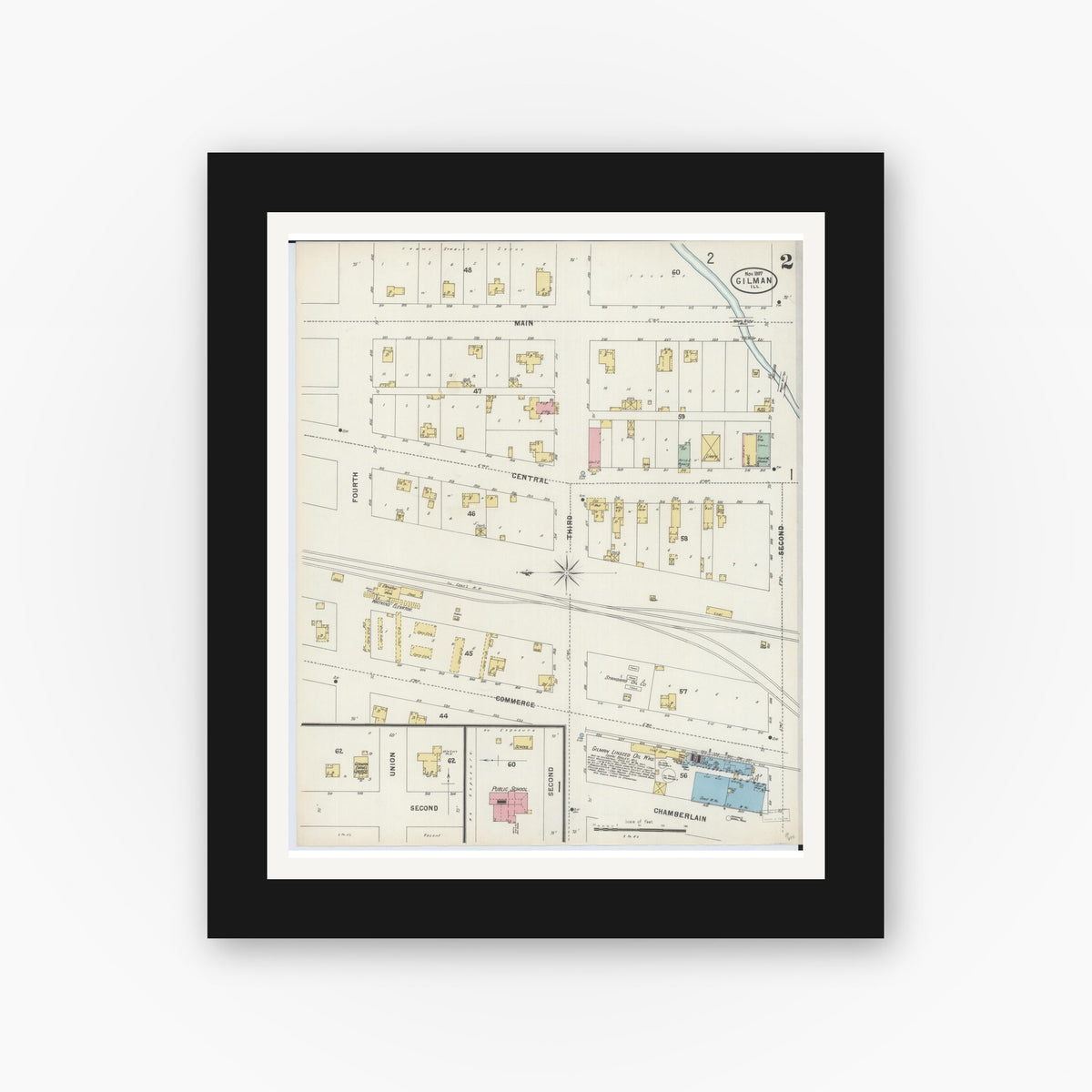 Old map wall art mockup — black gallery frame with white mat — Sanborn Fire Insurance Map from Gilman, Iroquois County, Illinois (1897), Sheet #0002