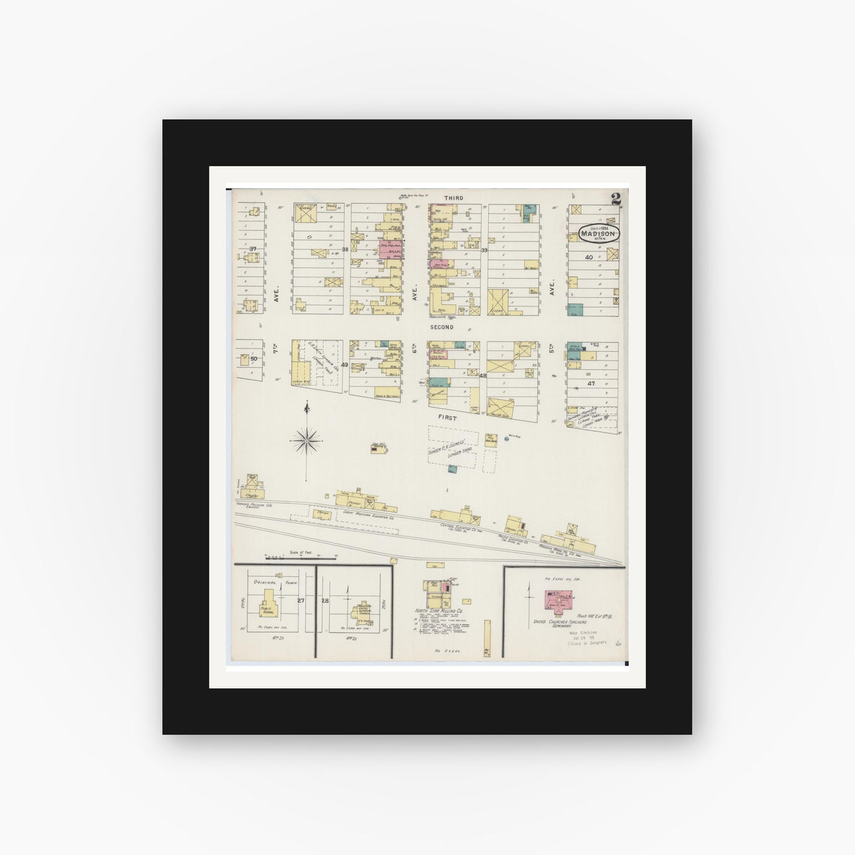 Old map wall art mockup — black gallery frame with white mat — Sanborn Fire Insurance Map from Madison, Lac Qui Parle County, Minnesota (1894), Sheet #0002