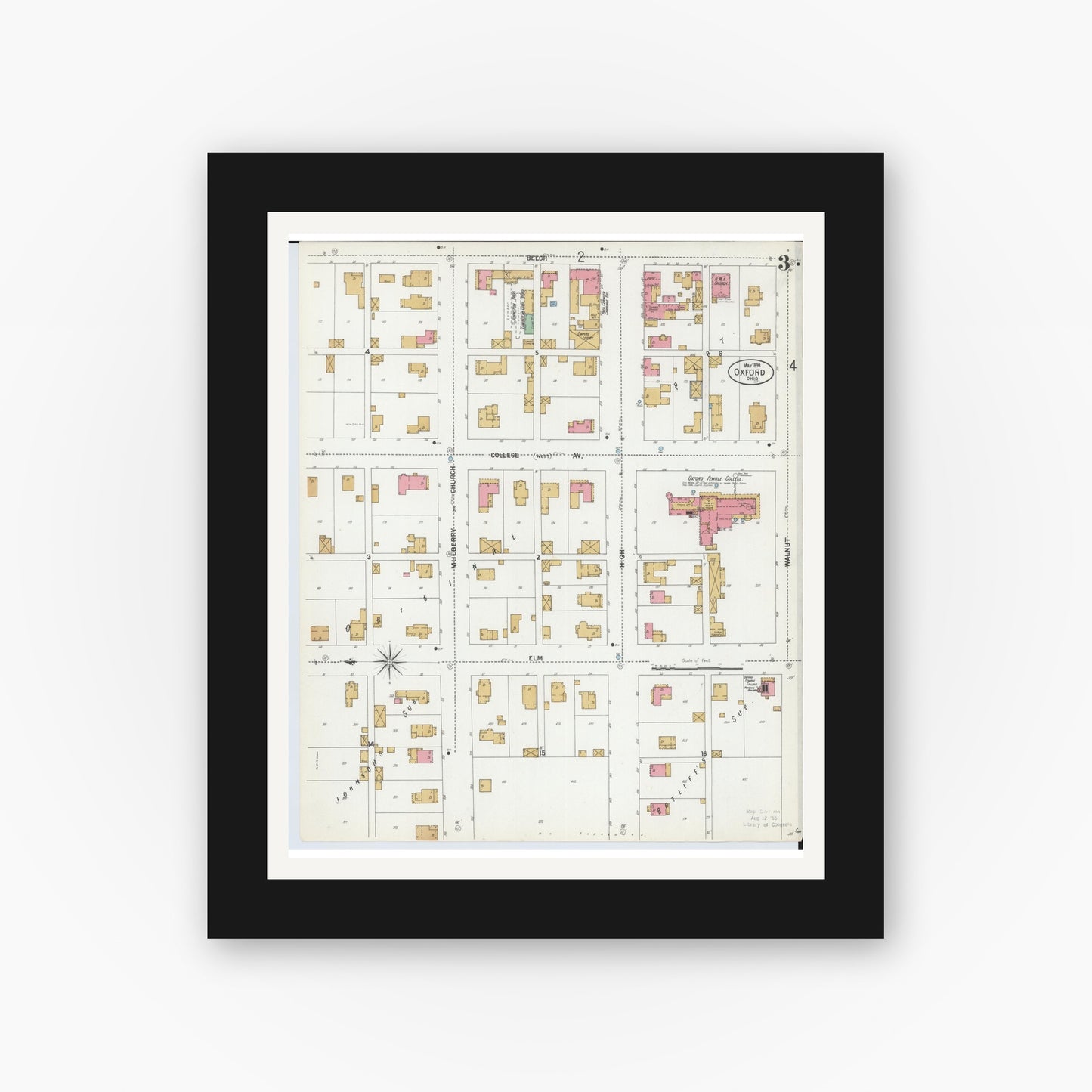 Old map wall art mockup — black gallery frame with white mat — Sanborn Fire Insurance Map from Oxford, Butler County, Ohio (1899), Sheet #0003