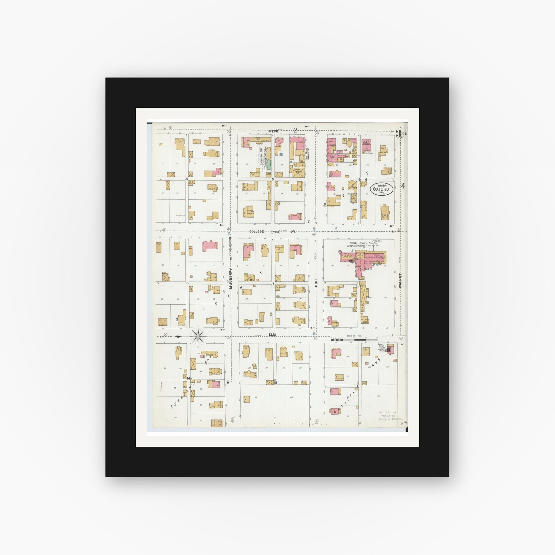 Old map wall art mockup — black gallery frame with white mat — Sanborn Fire Insurance Map from Oxford, Butler County, Ohio (1899), Sheet #0003