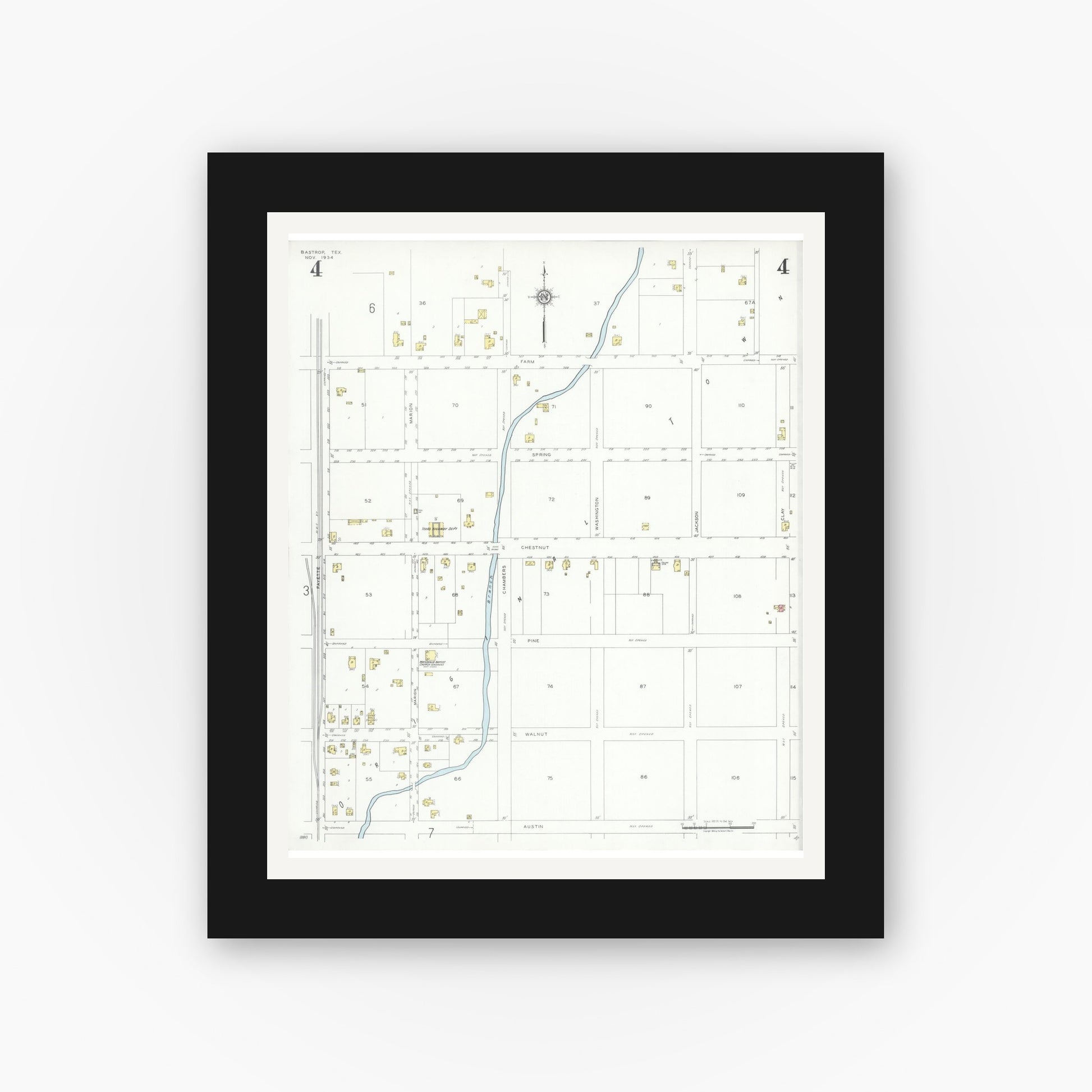 Old map wall art mockup — black gallery frame with white mat — Sanborn Fire Insurance Map from Bastrop, Bastrop County, Texas (1934), Sheet #0004