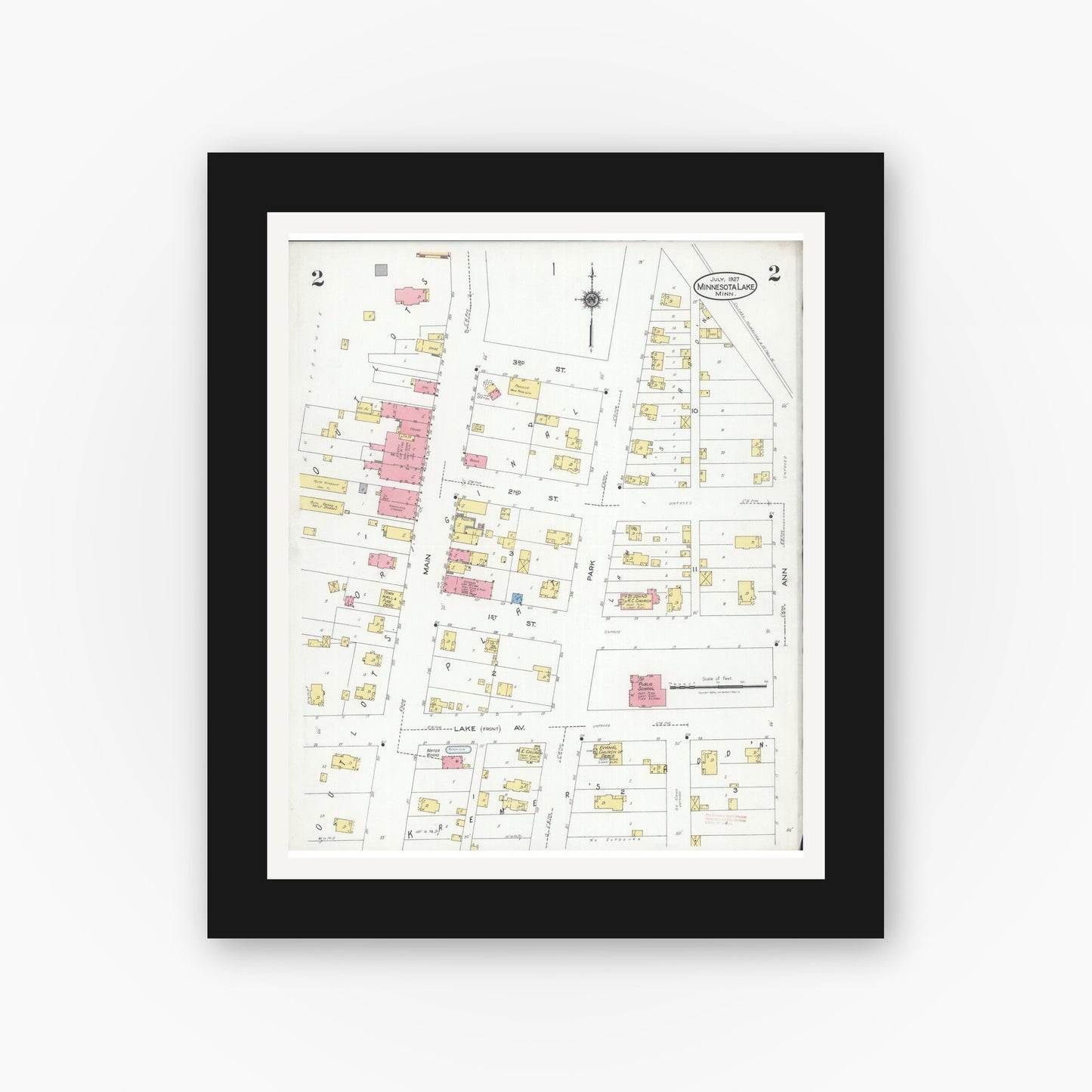 Old map wall art mockup — black gallery frame with white mat — Sanborn Fire Insurance Map from Minnesota Lake, Faribault County, Minnesota (1927), Sheet #0002