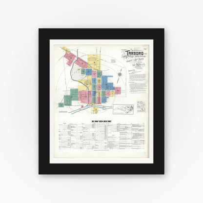Old map wall art mockup — black gallery frame with white mat — Sanborn Fire Insurance Map from Tarboro, Edgecombe County, North Carolina (1923), Sheet #0001