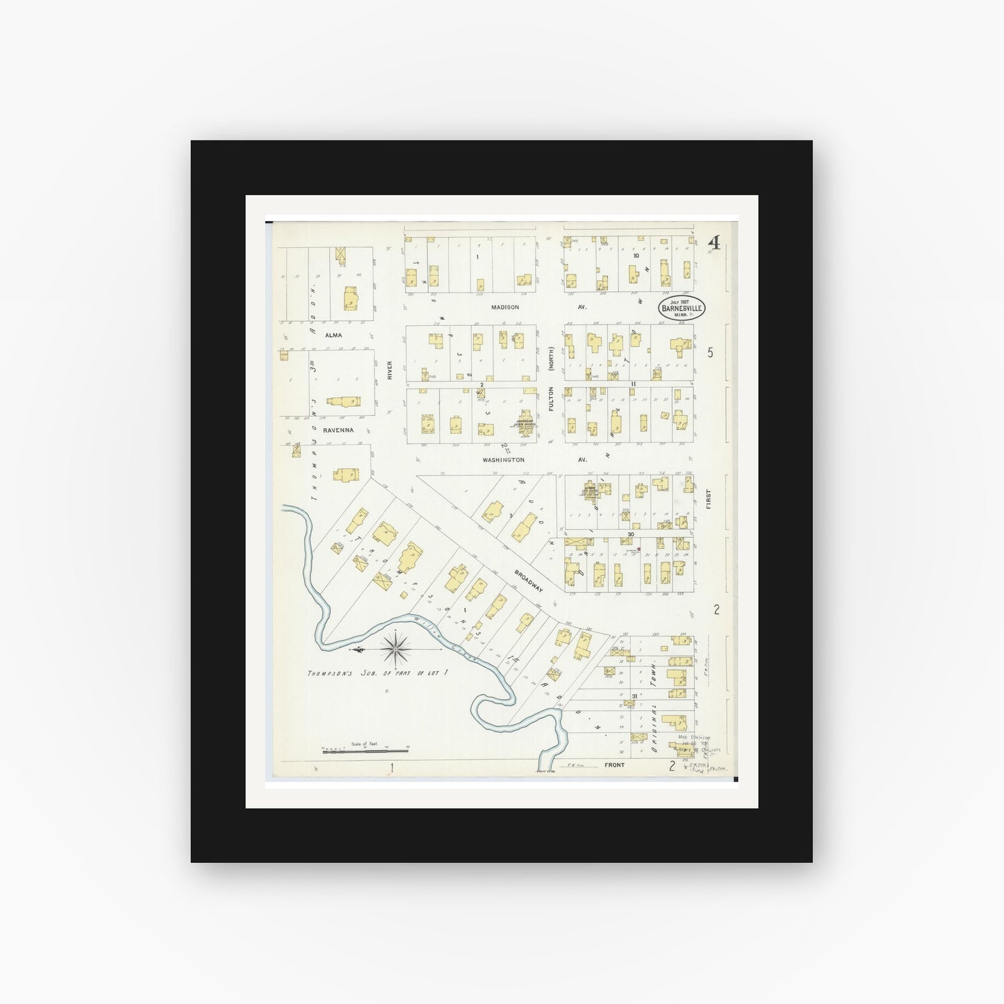 Old map wall art mockup — black gallery frame with white mat — Sanborn Fire Insurance Map from Barnesville, Clay County, Minnesota (1907), Sheet #0004