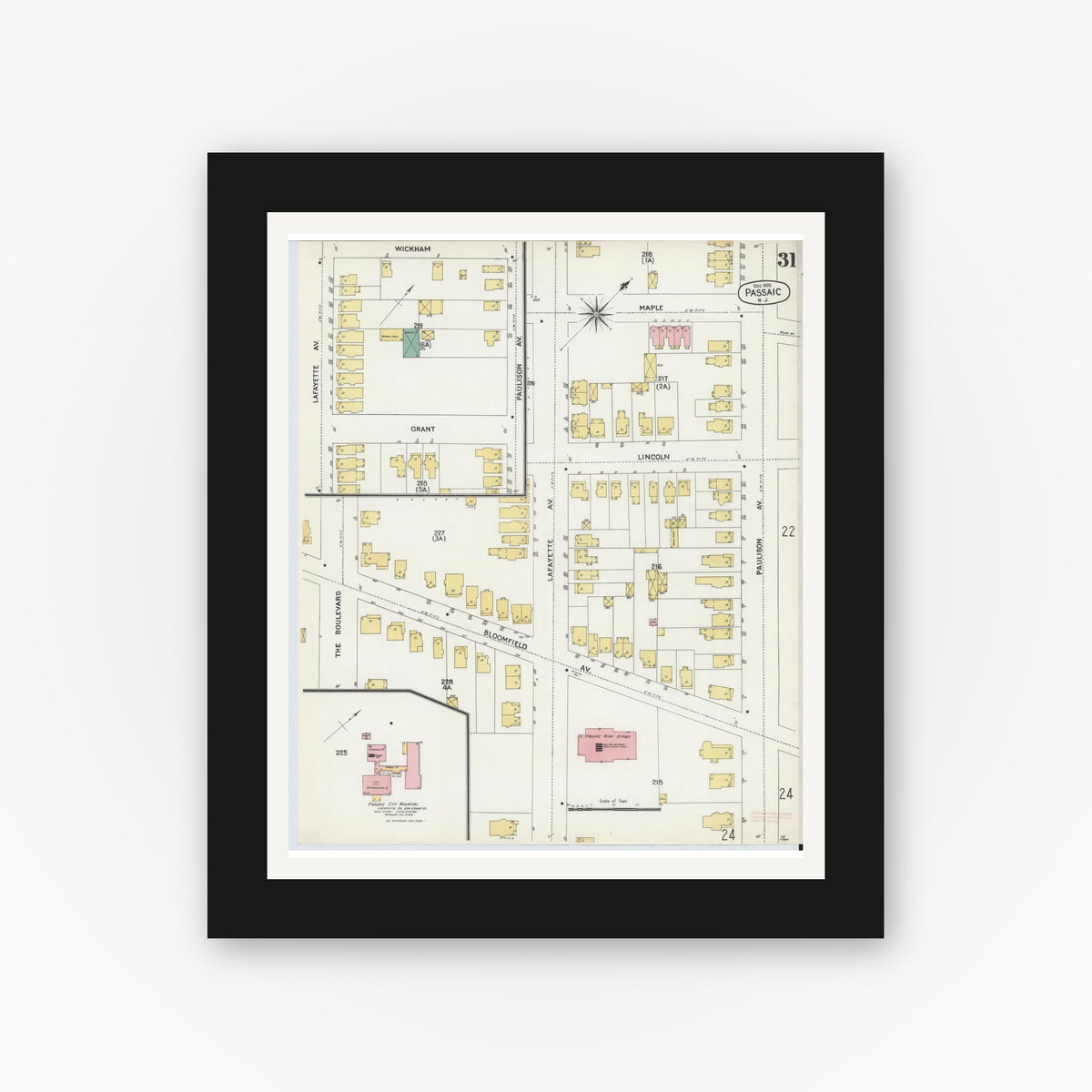 Old map wall art mockup — black gallery frame with white mat — Sanborn Fire Insurance Map from Passaic, Passaic County, New Jersey (1903), Sheet #0031