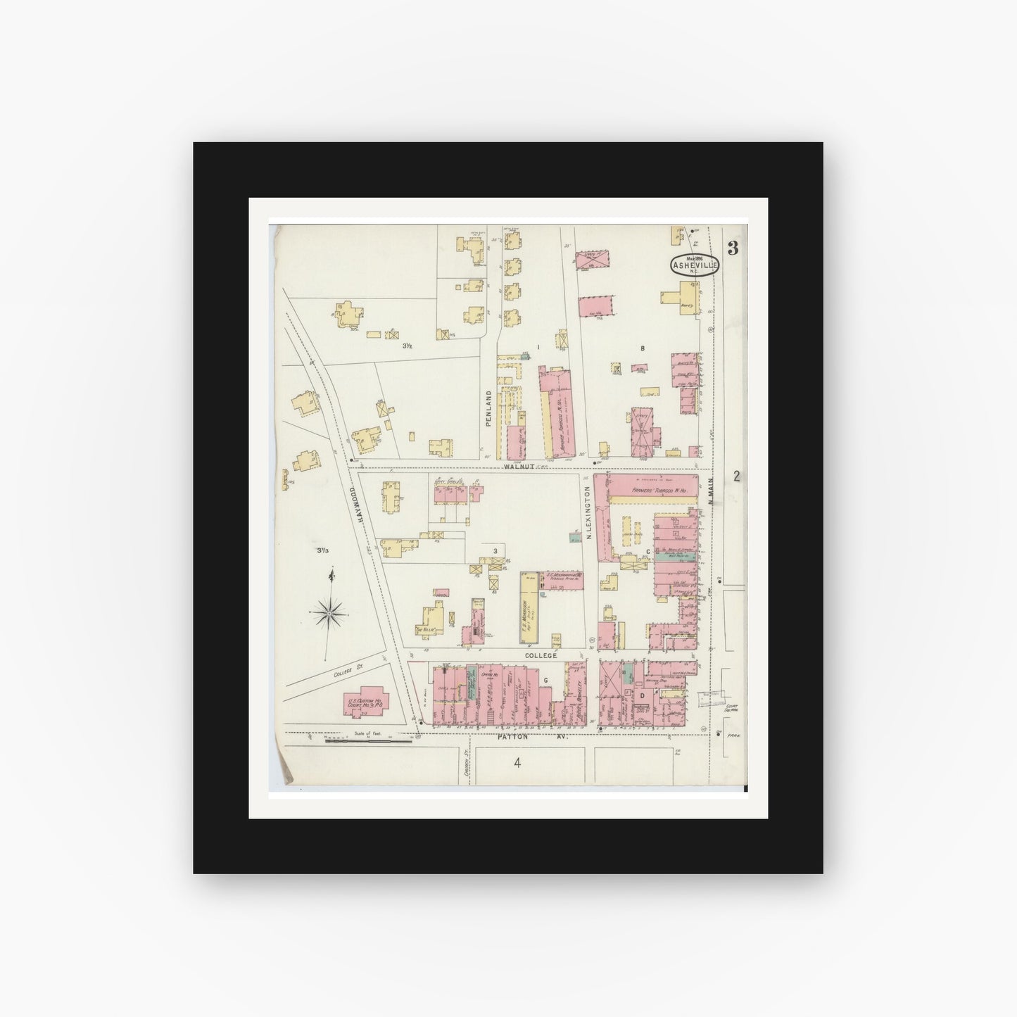 Old map wall art mockup — black gallery frame with white mat — Sanborn Fire Insurance Map from Asheville, Buncombe County, North Carolina (1896), Sheet #0003