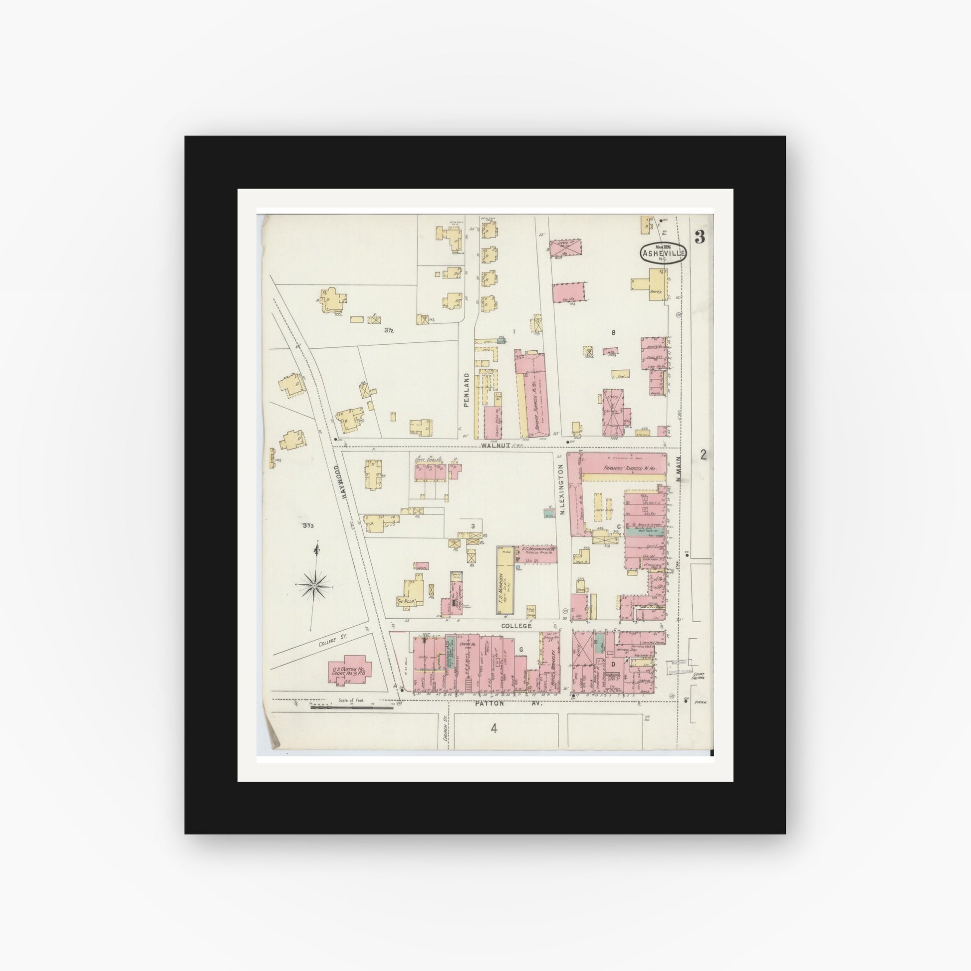 Old map wall art mockup — black gallery frame with white mat — Sanborn Fire Insurance Map from Asheville, Buncombe County, North Carolina (1896), Sheet #0003