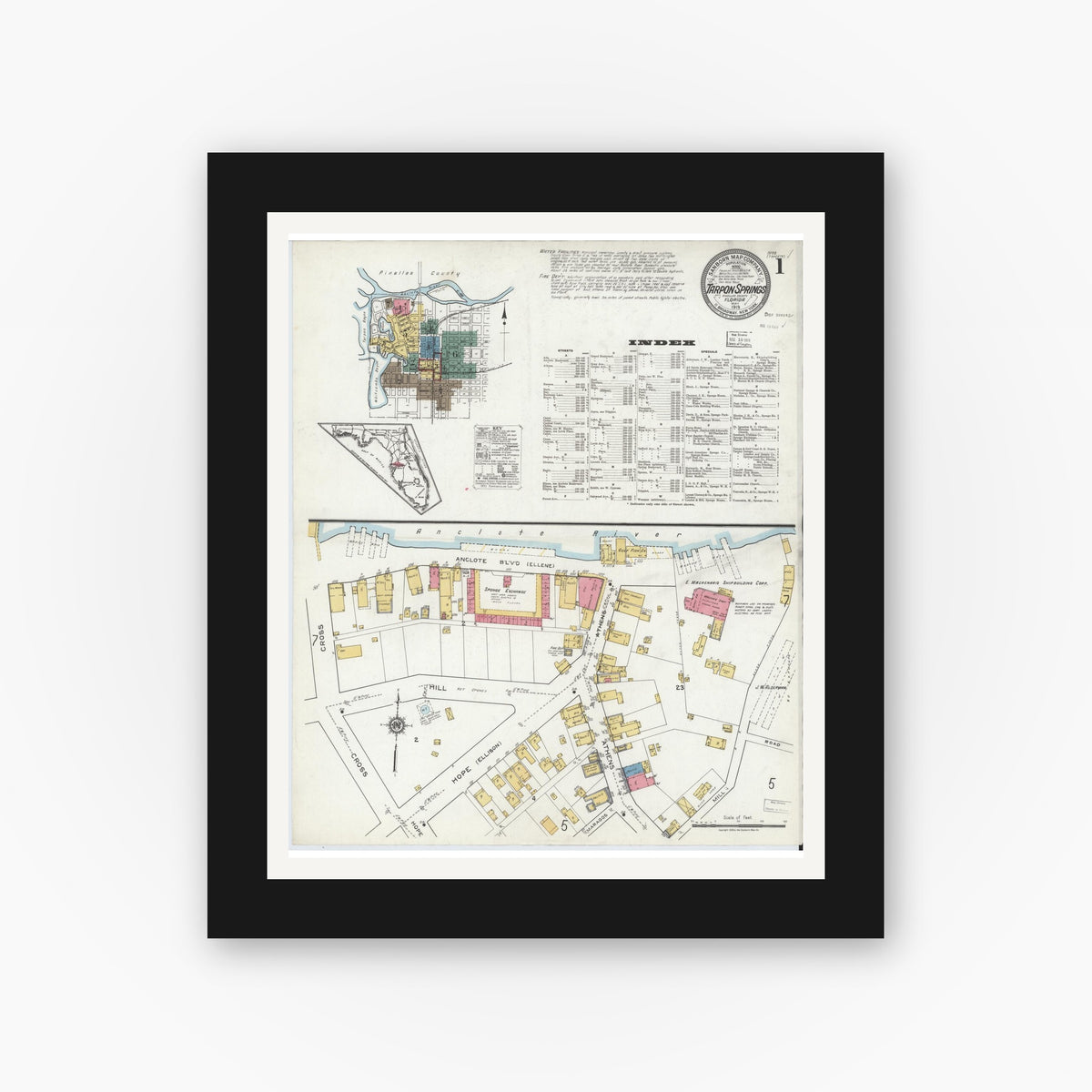 Old map wall art mockup — black gallery frame with white mat — Sanborn Fire Insurance Map from Tarpon Springs, Pinellas County, Florida (1919), Sheet #0001