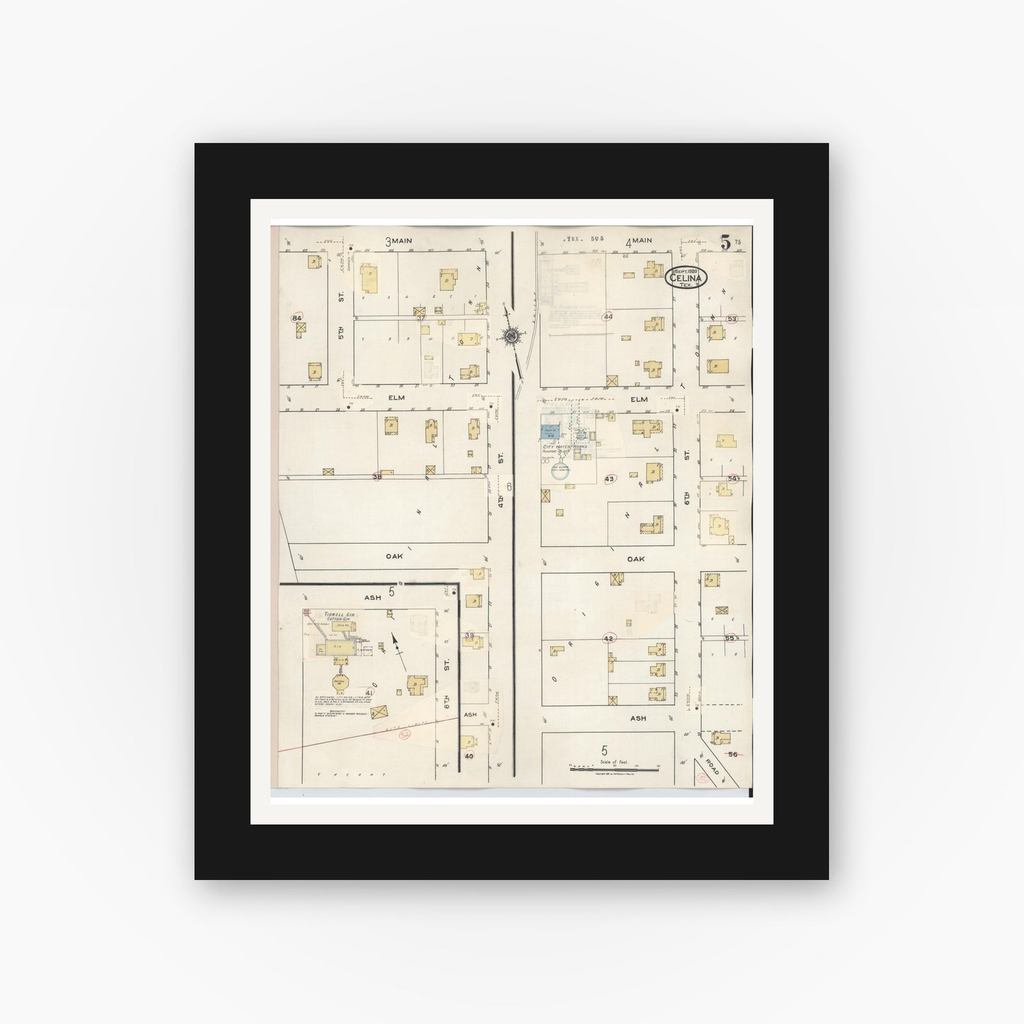 Old map wall art mockup — black gallery frame with white mat — Sanborn Fire Insurance Map from Celina, Collin County, Texas (1944), Sheet #0005