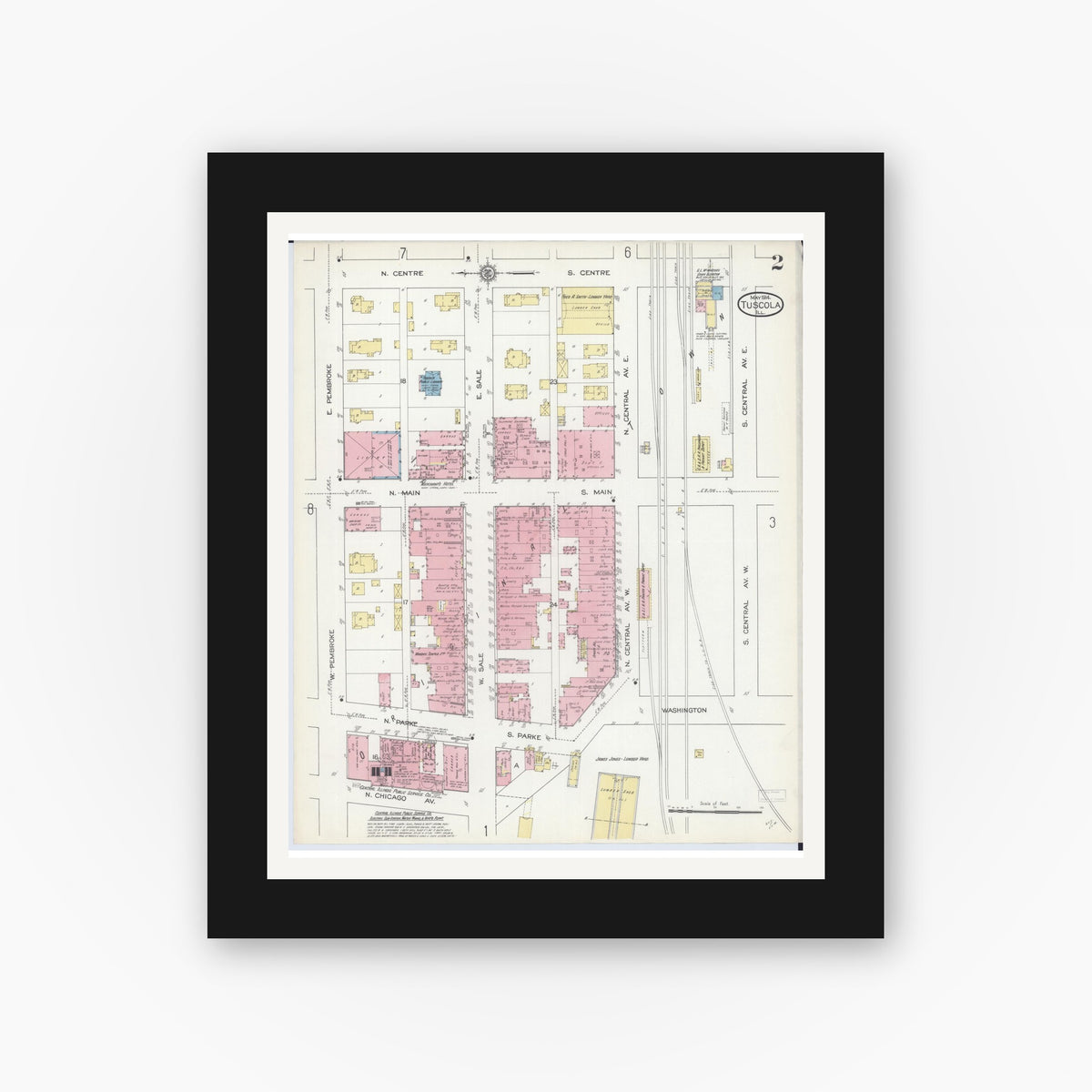 Old map wall art mockup — black gallery frame with white mat — Sanborn Fire Insurance Map from Tuscola, Douglas County, Illinois (1914), Sheet #0002