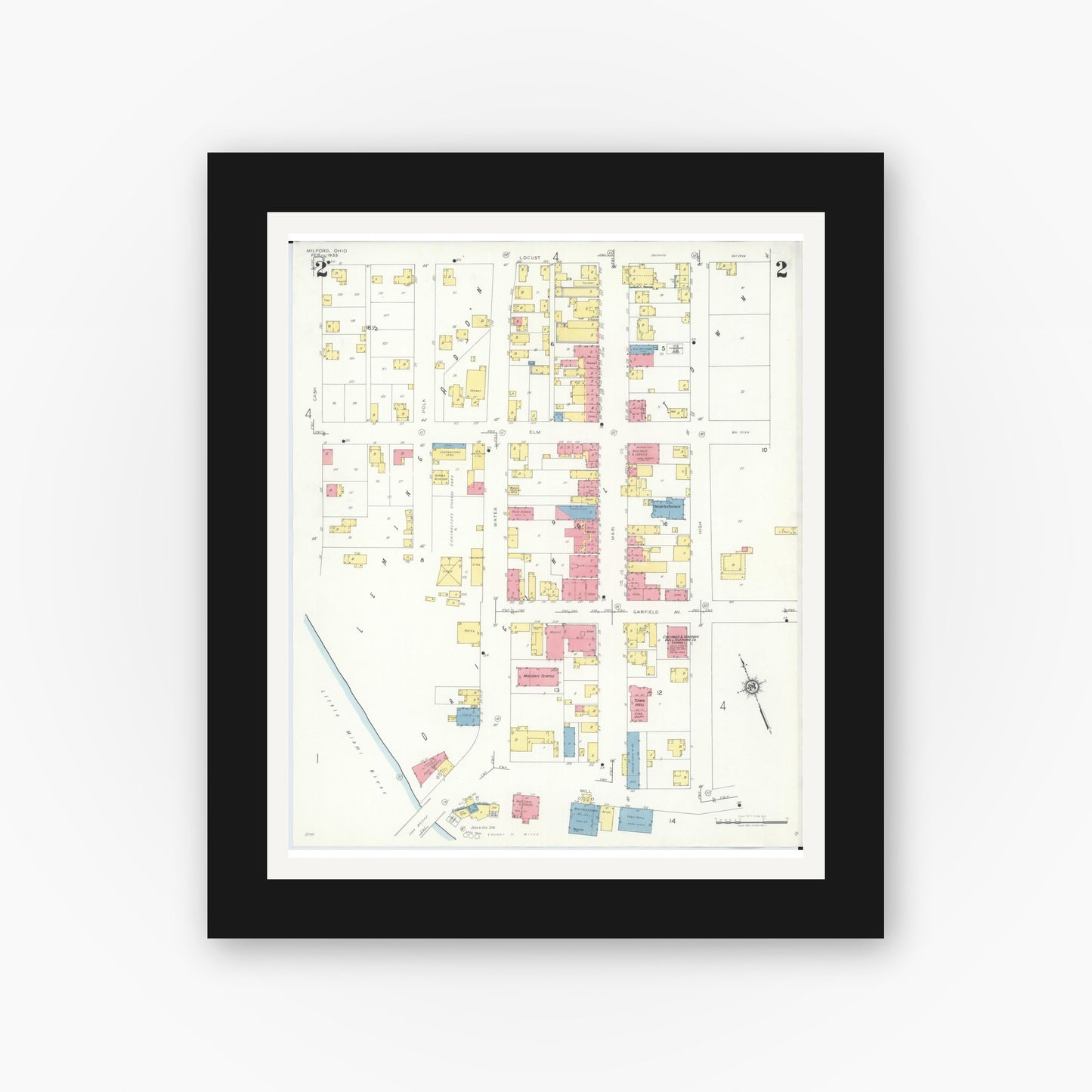 Old map wall art mockup — black gallery frame with white mat — Sanborn Fire Insurance Map from Milford, Clermont And Hamilton County, Ohio (1933), Sheet #0002