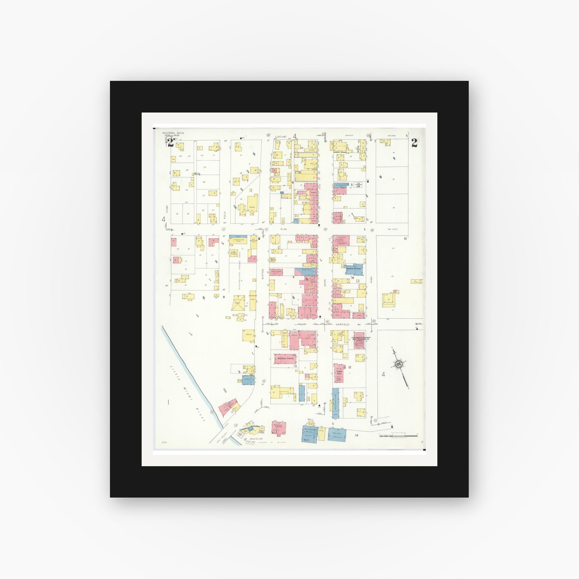Old map wall art mockup — black gallery frame with white mat — Sanborn Fire Insurance Map from Milford, Clermont And Hamilton County, Ohio (1933), Sheet #0002