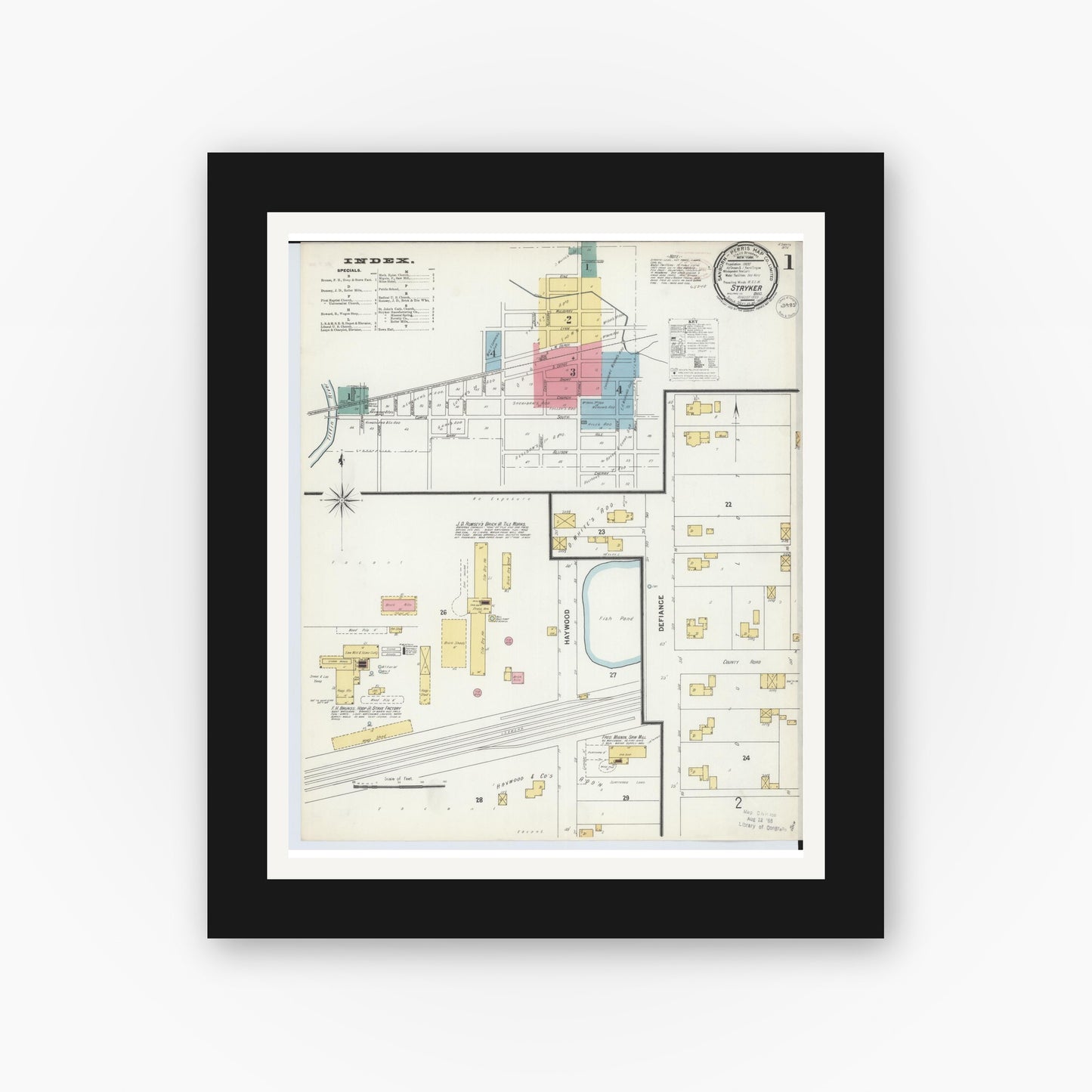 Old map wall art mockup — black gallery frame with white mat — Sanborn Fire Insurance Map from Stryker, Williams County, Ohio (1899), Sheet #0001