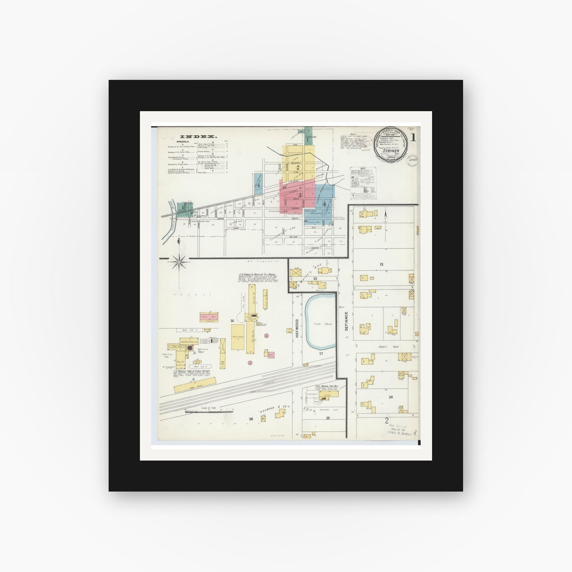 Old map wall art mockup — black gallery frame with white mat — Sanborn Fire Insurance Map from Stryker, Williams County, Ohio (1899), Sheet #0001