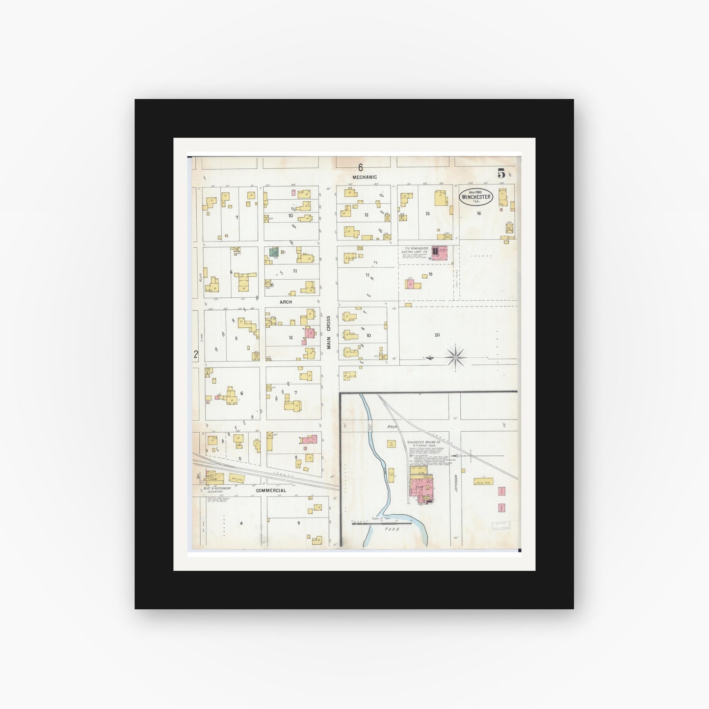 Old map wall art mockup — black gallery frame with white mat — Sanborn Fire Insurance Map from Winchester, Scott County, Illinois (1900), Sheet #0005